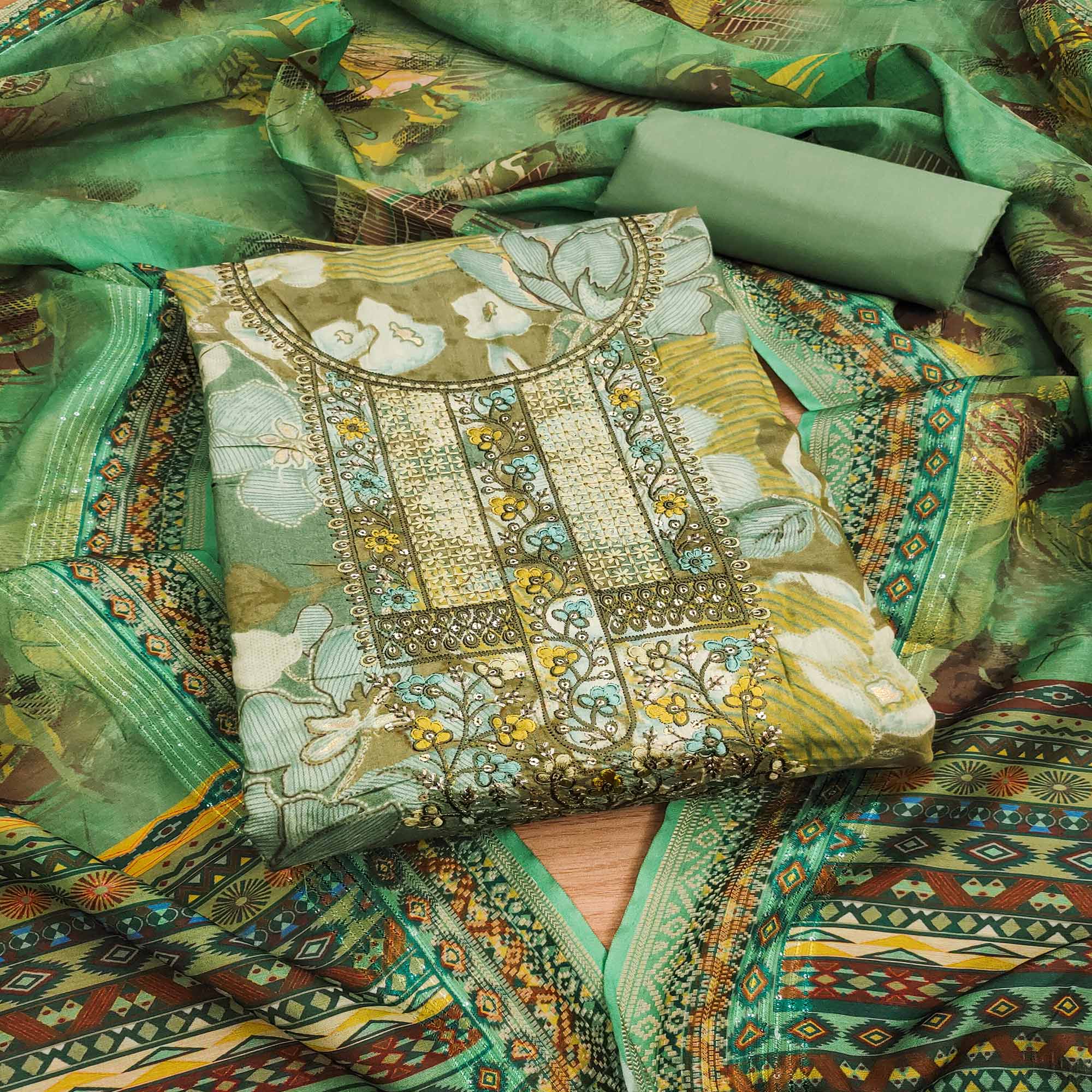 Green dresses – BlackTree green-floral-foil-printed-with-embroidery-modal-cotton-silk-dress-material