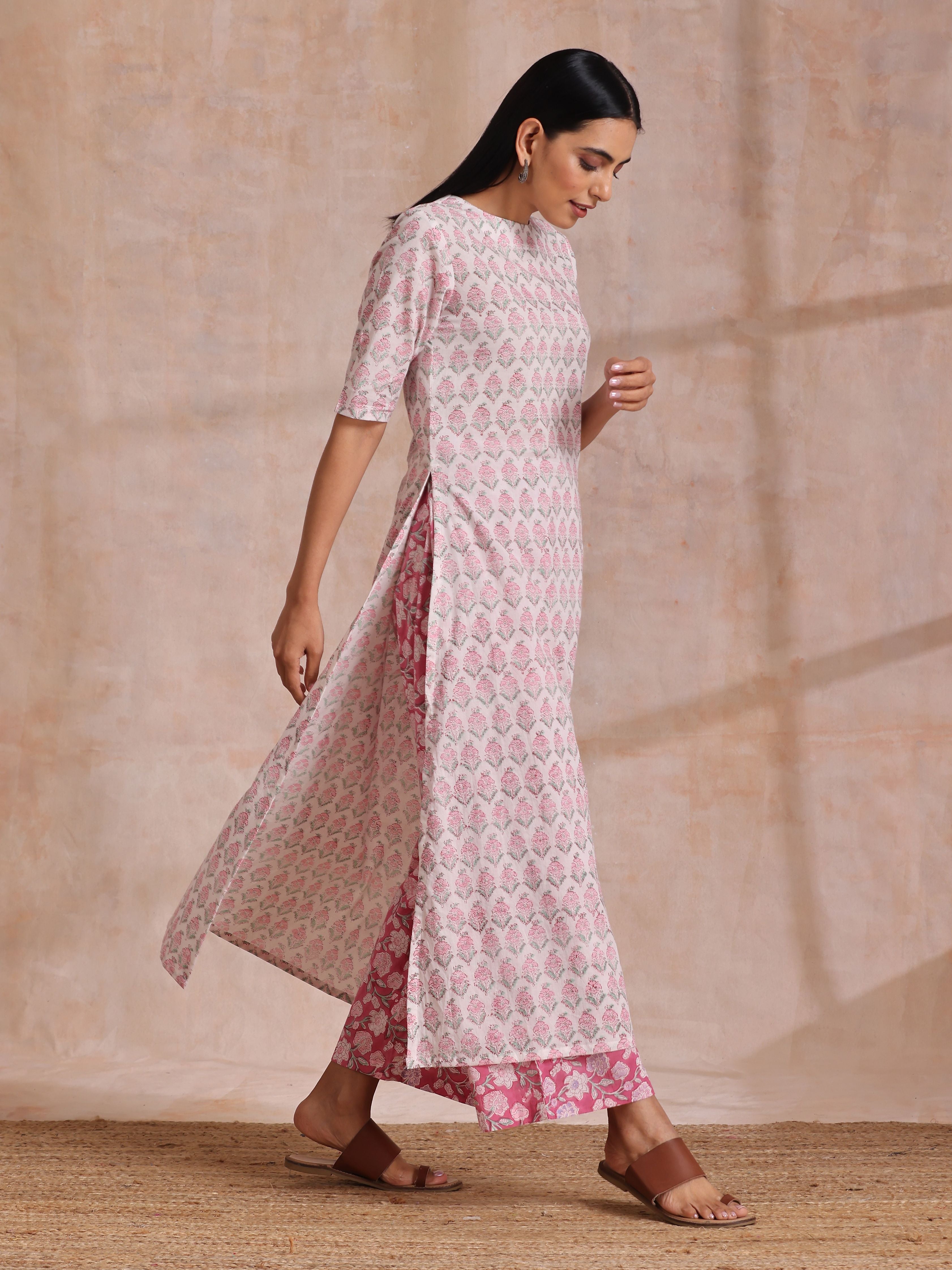 Pink Green Floral On White Block Print Cotton Slit Kurta Pant Set | Relove - view 3