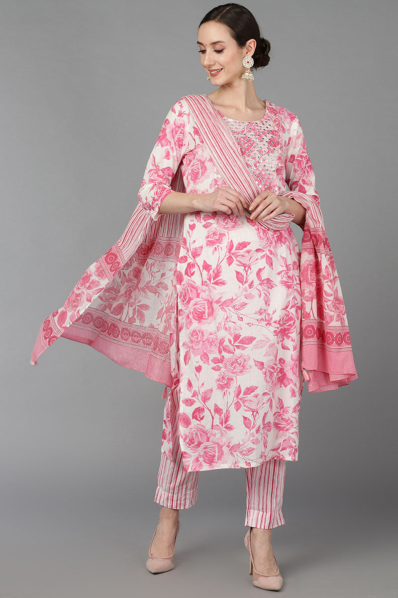 Ahika Pink Pure Cotton Floral Straight Kurta Trousers With Dupatta VKSKD1489