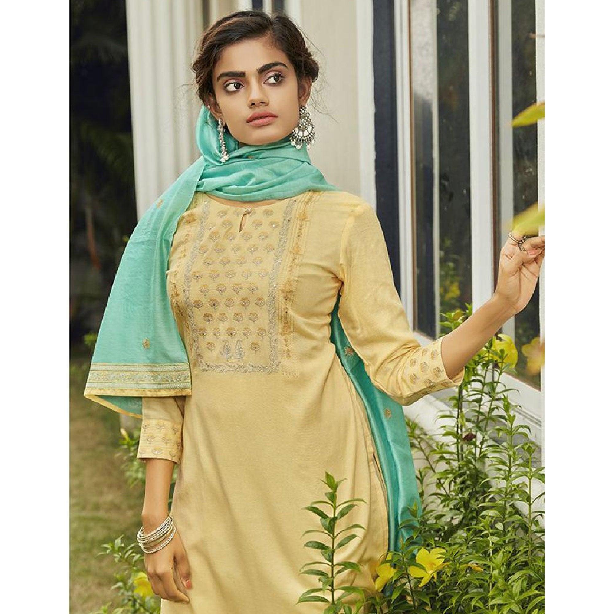 Peachmode Seller Lovely Light Yellow Colored Partywear Embroidered Rayon Kurti - Pant Set With Dupatta - view 2