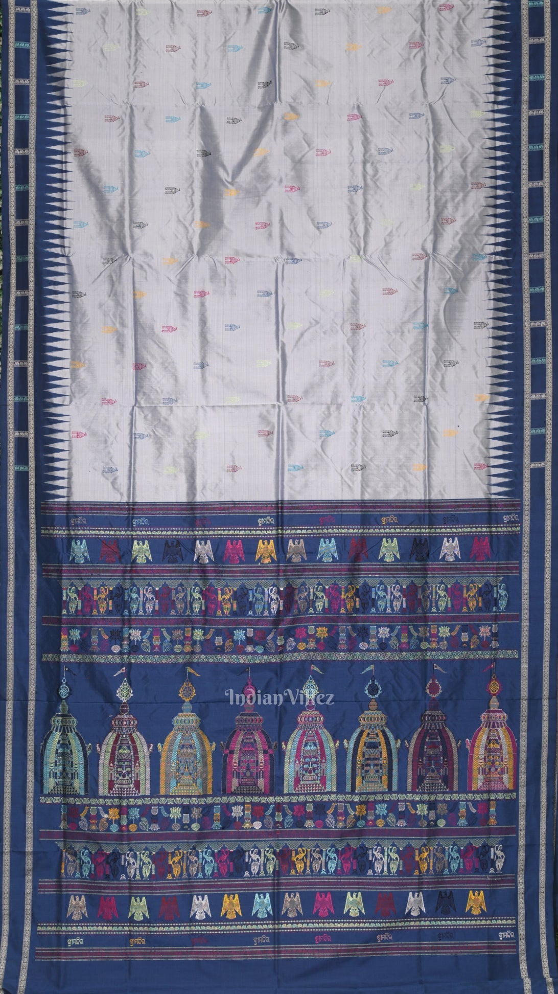 IndianVillèz Silver Blue Shree Mandir Theme Bomkai Sambalpuri Ikat Silk Saree - view 2