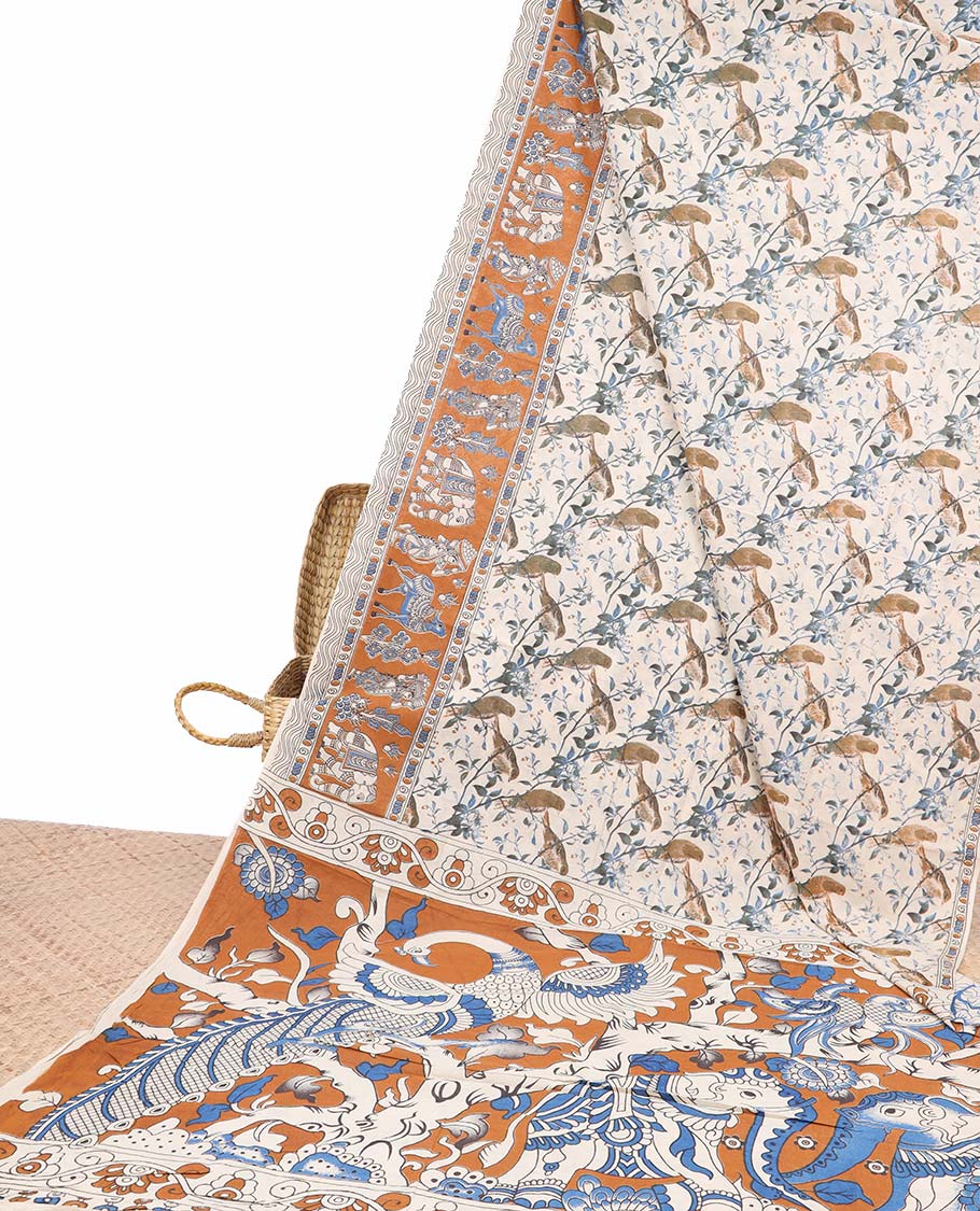 Pothys Cream bird motifs machine-printed kalamkari cotton saree, contrast unique motifs border & animal motifs pallu