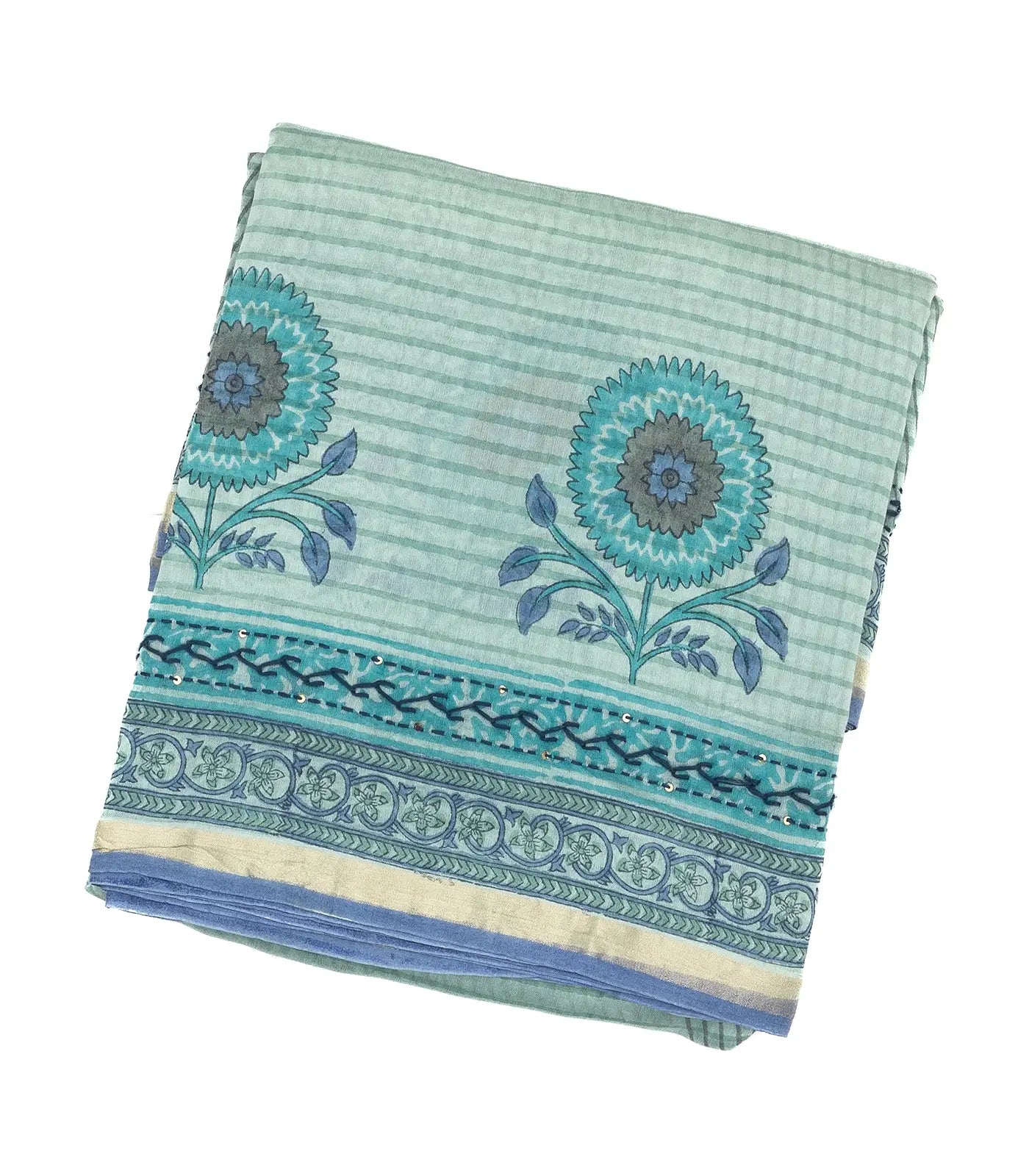 RmKV Turquoise Chanderi Cotton Saree Printed With Stripes & Floral Motifs