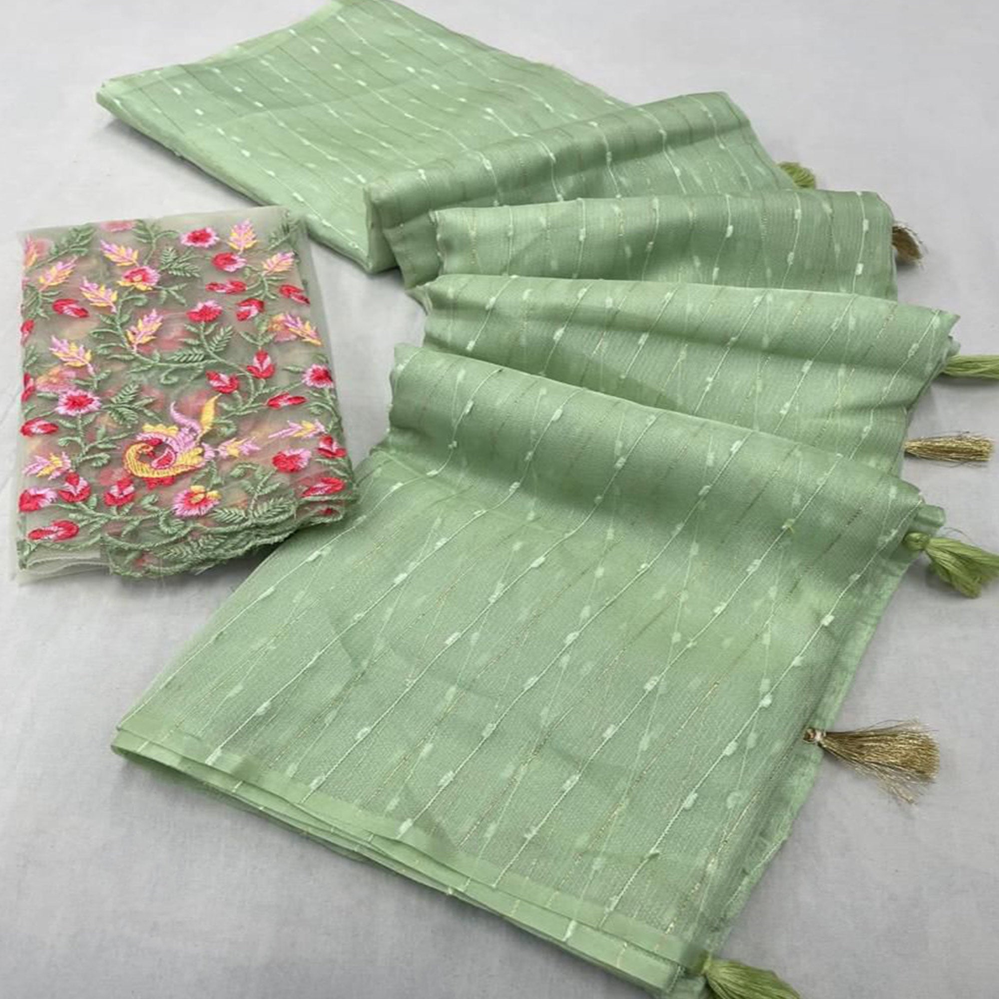 Green sarees – BlackTree green-sequins-embroidered-organza-saree-with-tassels