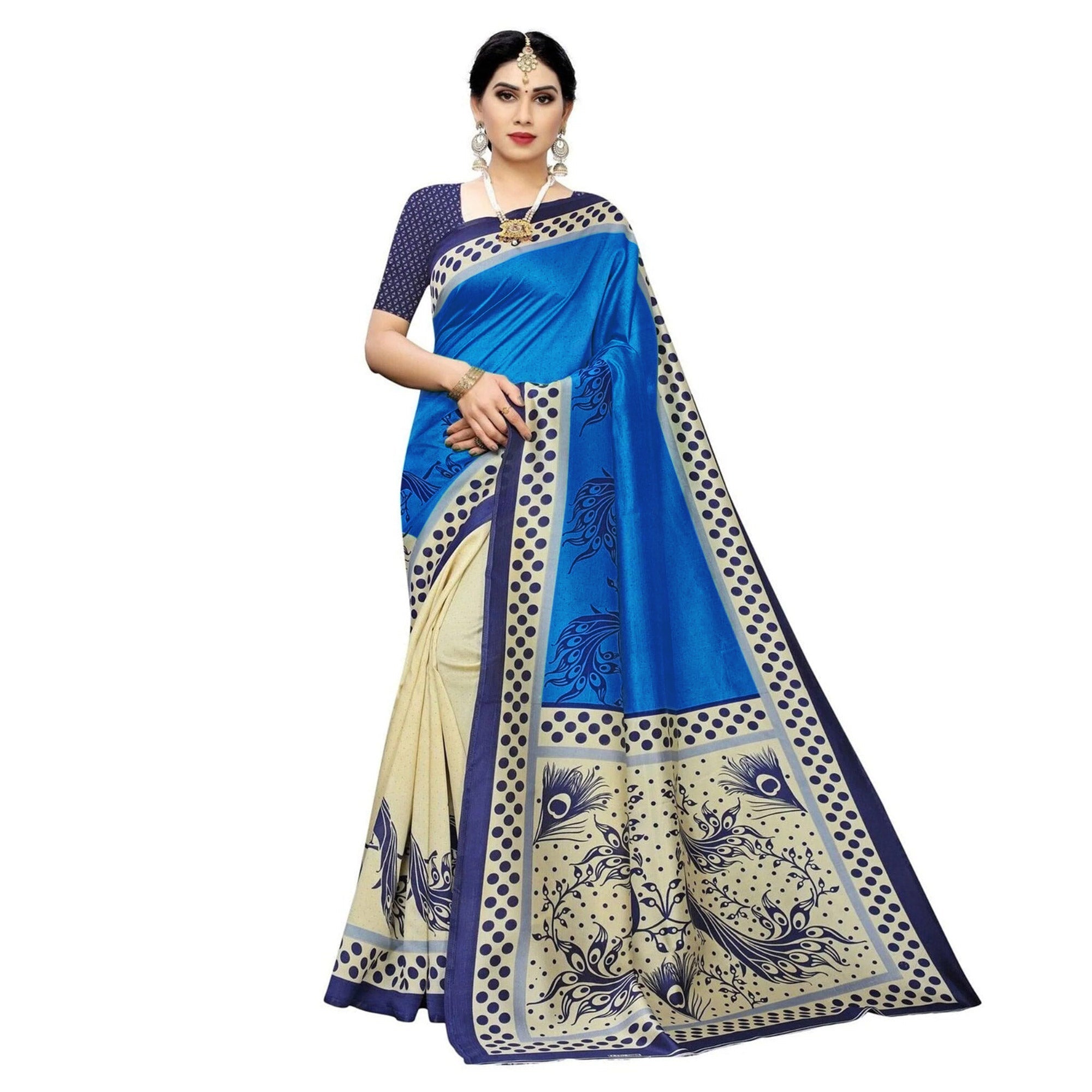 Peachmode Cream Blue Printed Art Silk Half N Half Saree