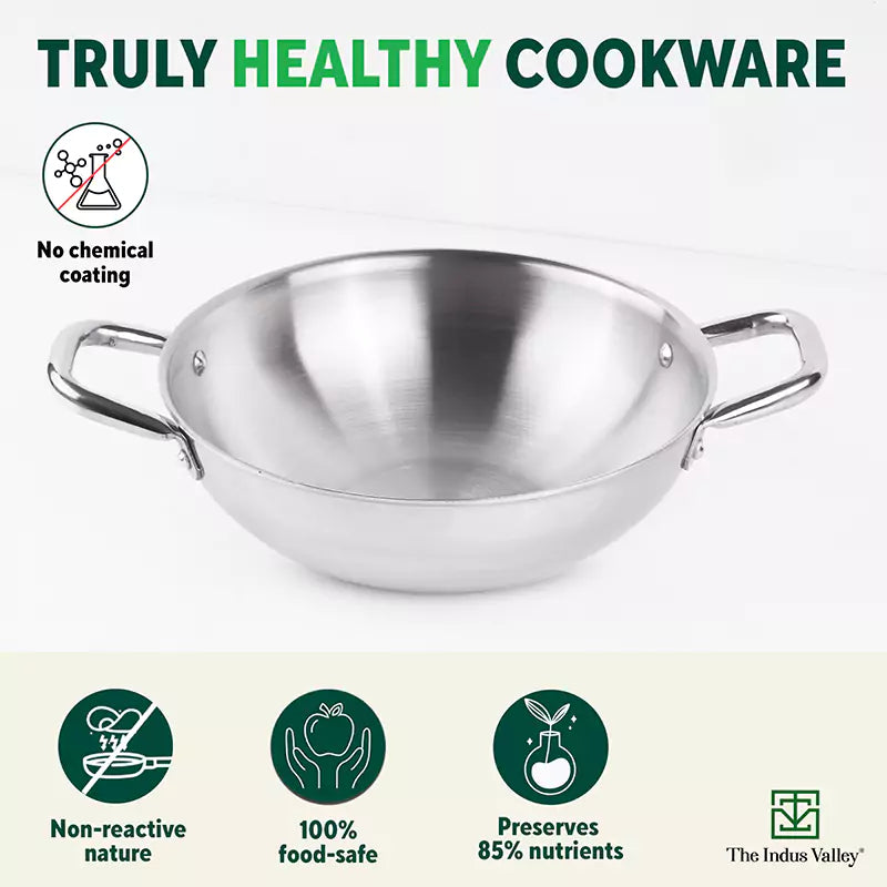 The Indus Valley TurboCuk Tri-ply Stainless Steel Cookware Set: 2.2L Kadai+ 1.4L Frypan+ 1.2L Tea/Milk pan, Premium Quality, 3 Layer Thick Body, 100% - view 3