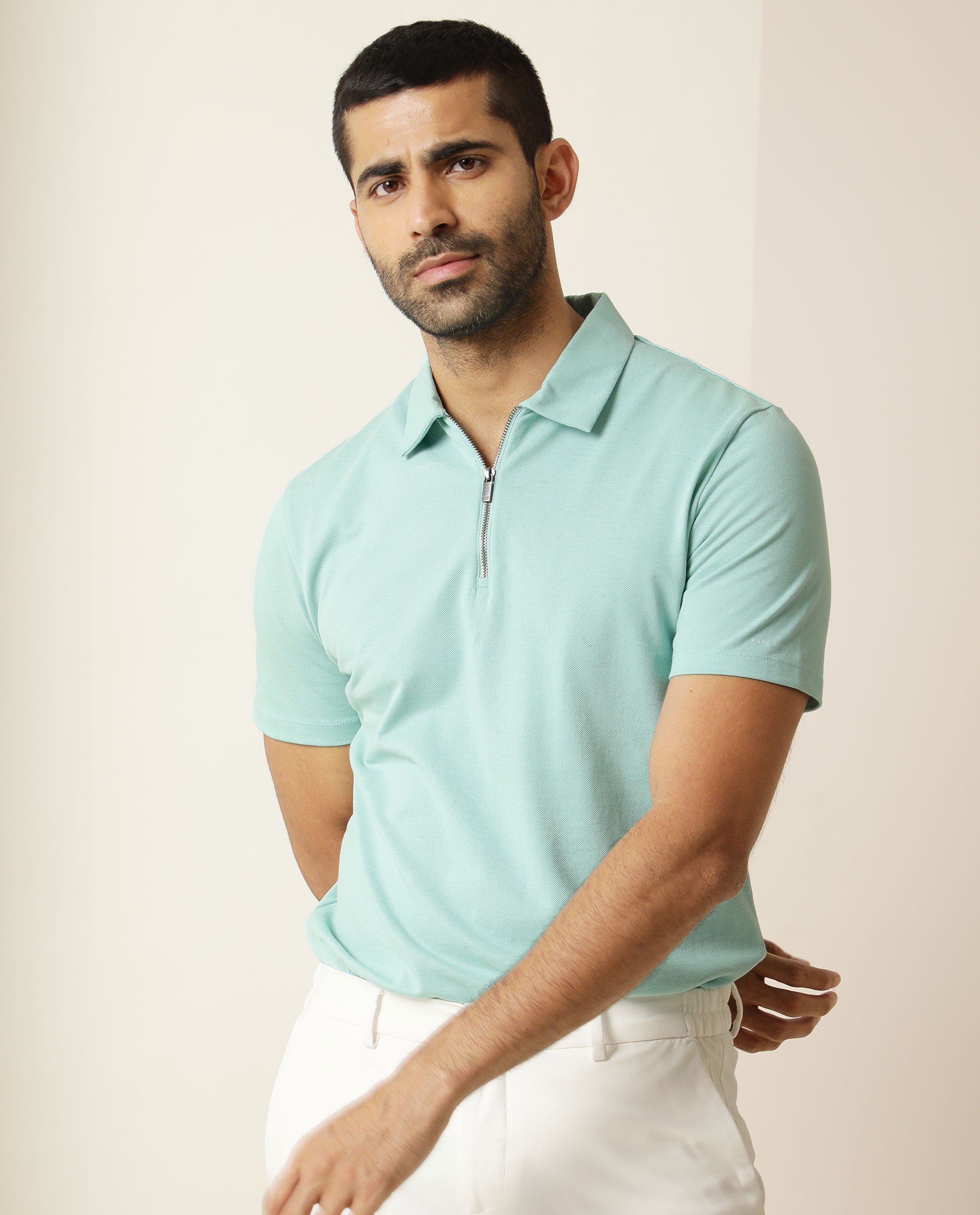 Rare Rabbit Men's Stel Pastel Green Cotton Fabric Collared Neck Zipper Closure Half Sleeves Flat Knit Polo T-Shirt - view 4