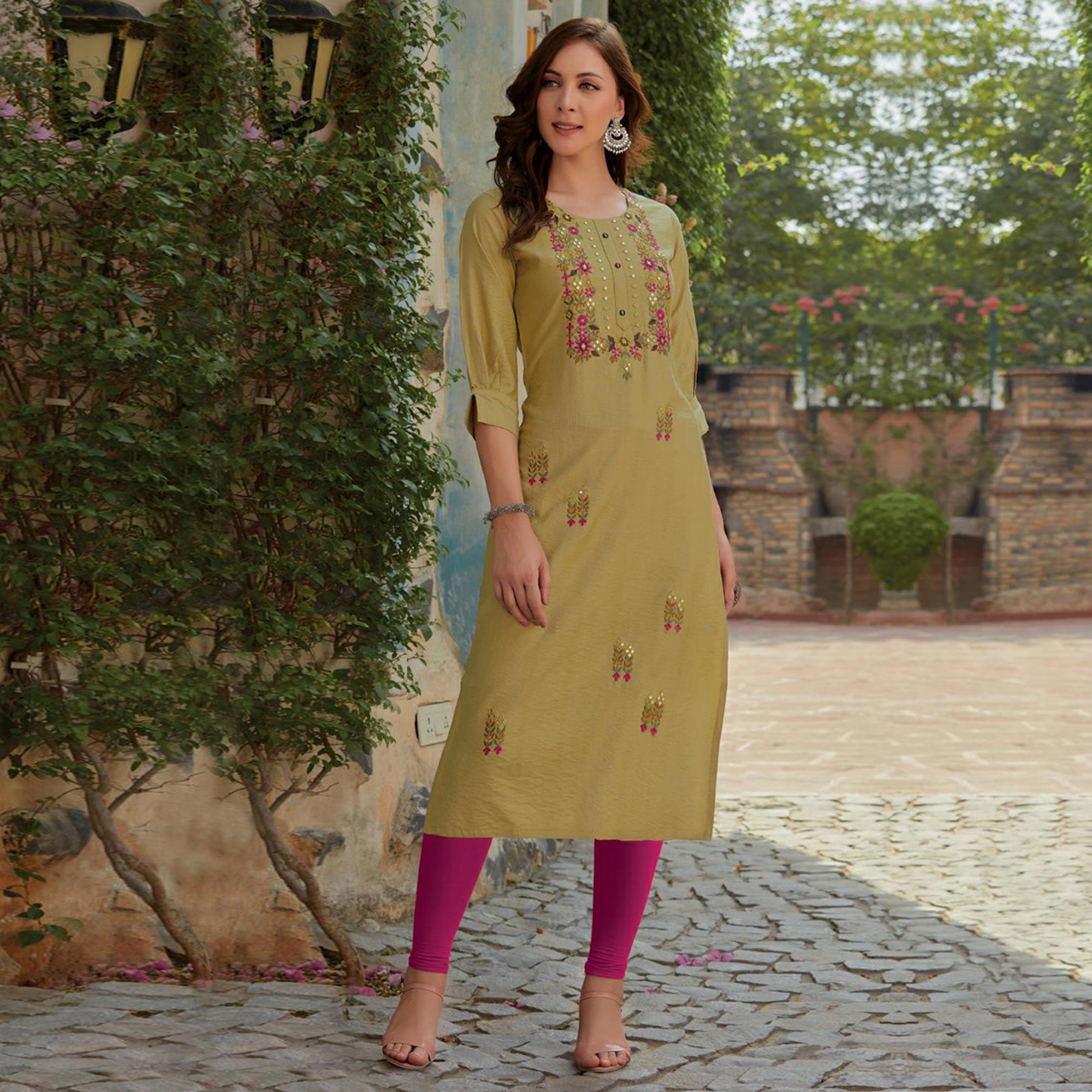 Peachmode Seller Mehendi Green Embroidered Cotton Silk Kurti - view 2