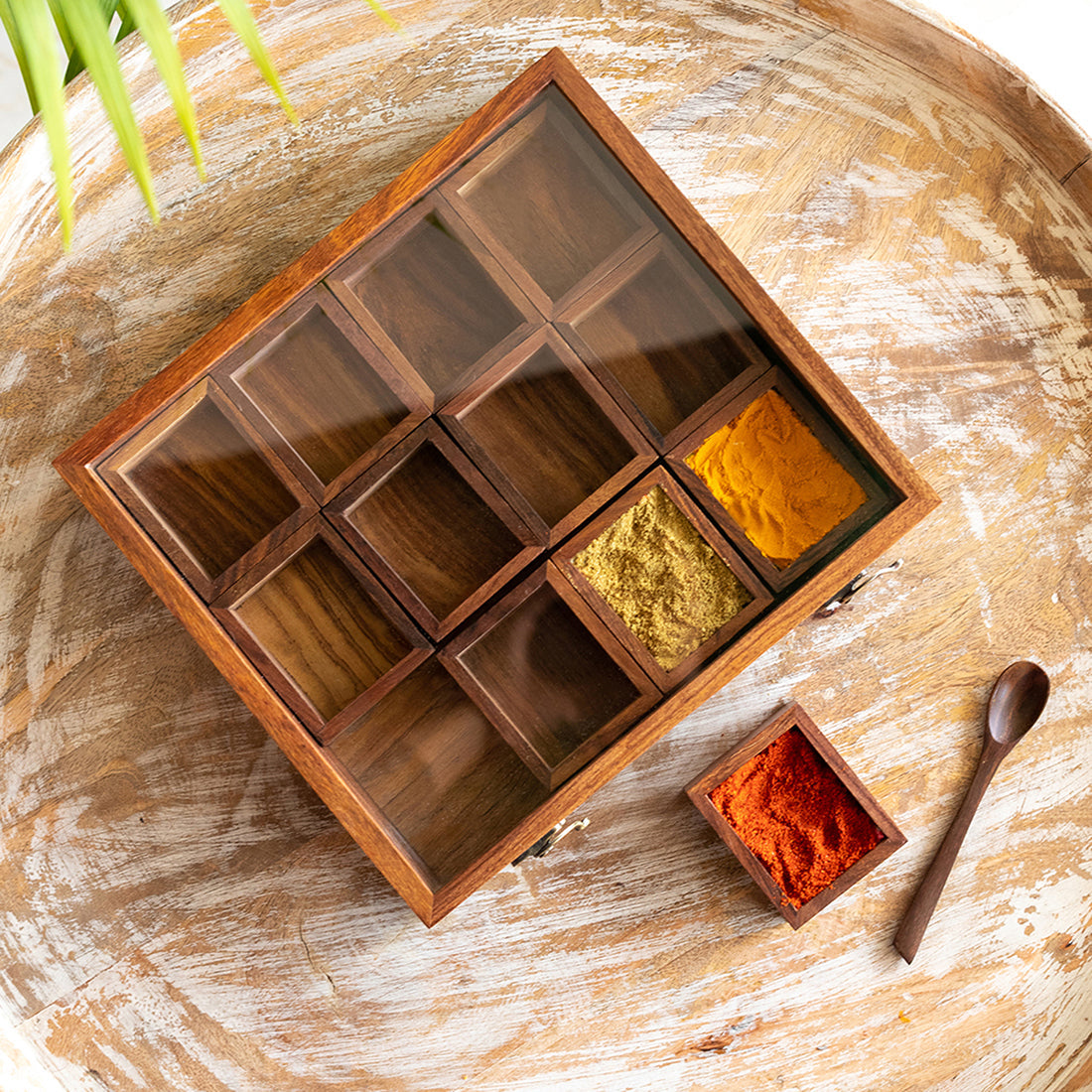 EXCLUSIVELANE 'Medley of Masalas' Handcrafted Spice Box With Spoon In Sheesham Wood (12 Containers, 80 ml)