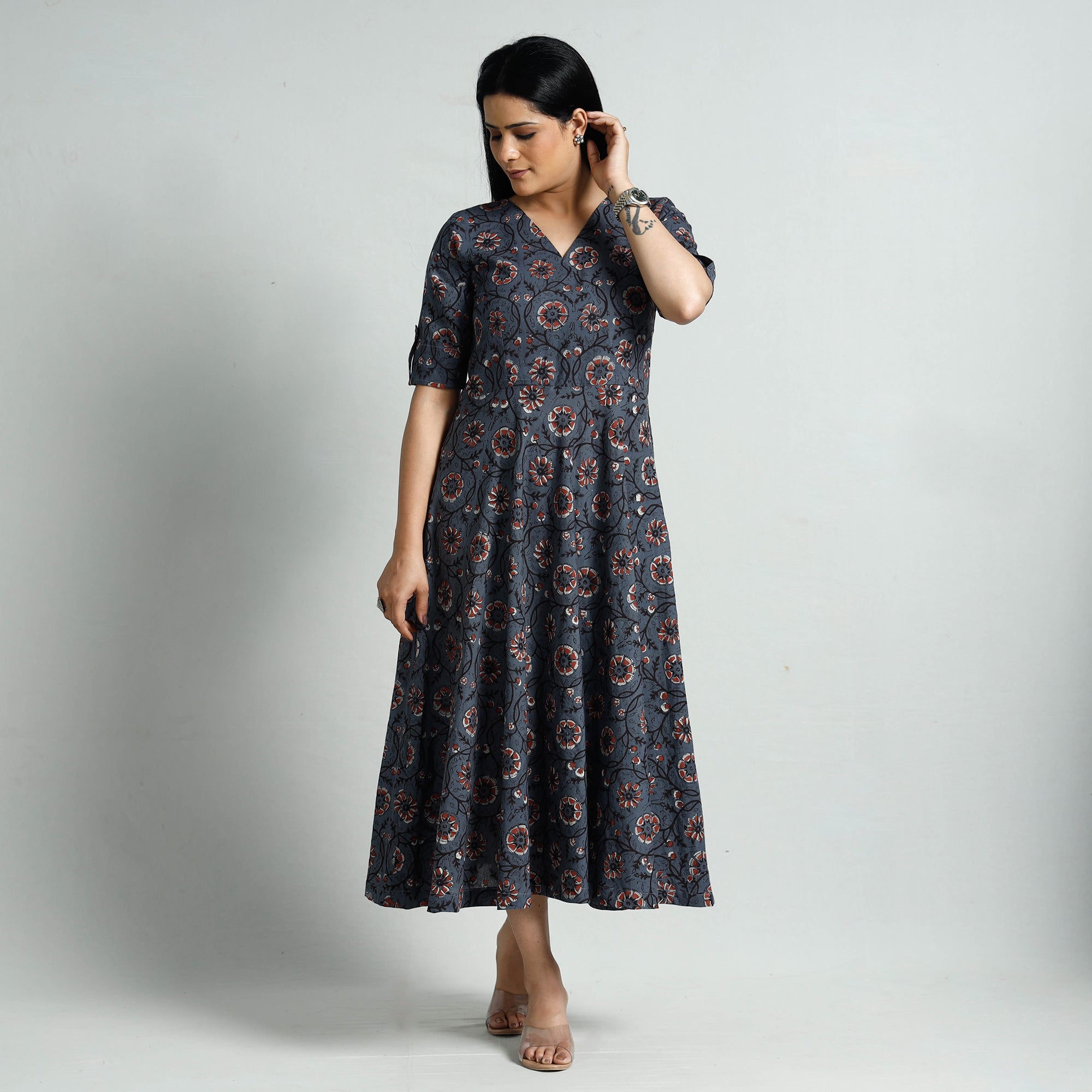 ITOKRI CASUALS Blue - Bagru Block Printed Cotton Flared Dress