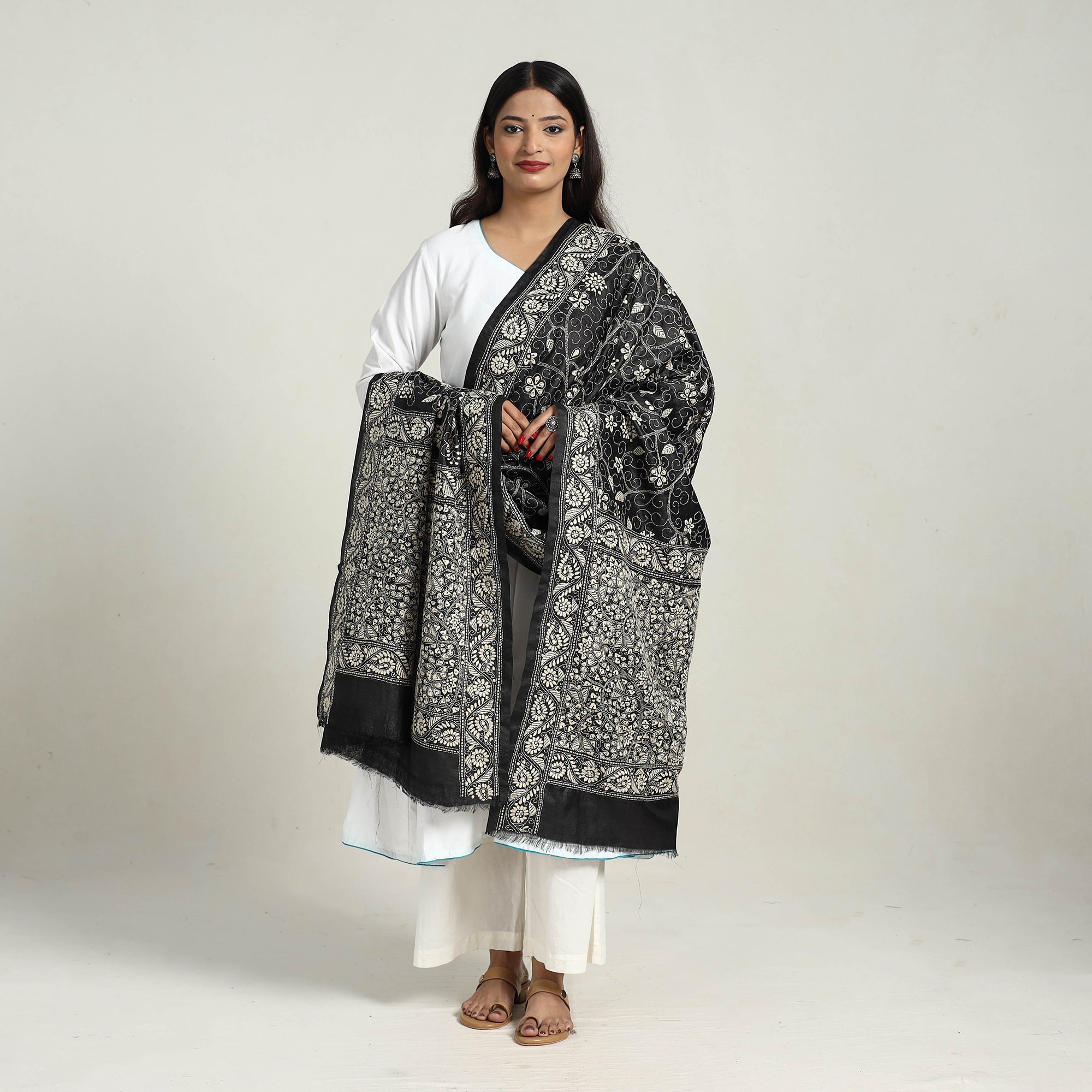 KHUSHBASH - HAPPY LOOM OF EAST Black - Handloom Tussar Silk Bengal Kantha Embroidery Dupatta 06 - view 3