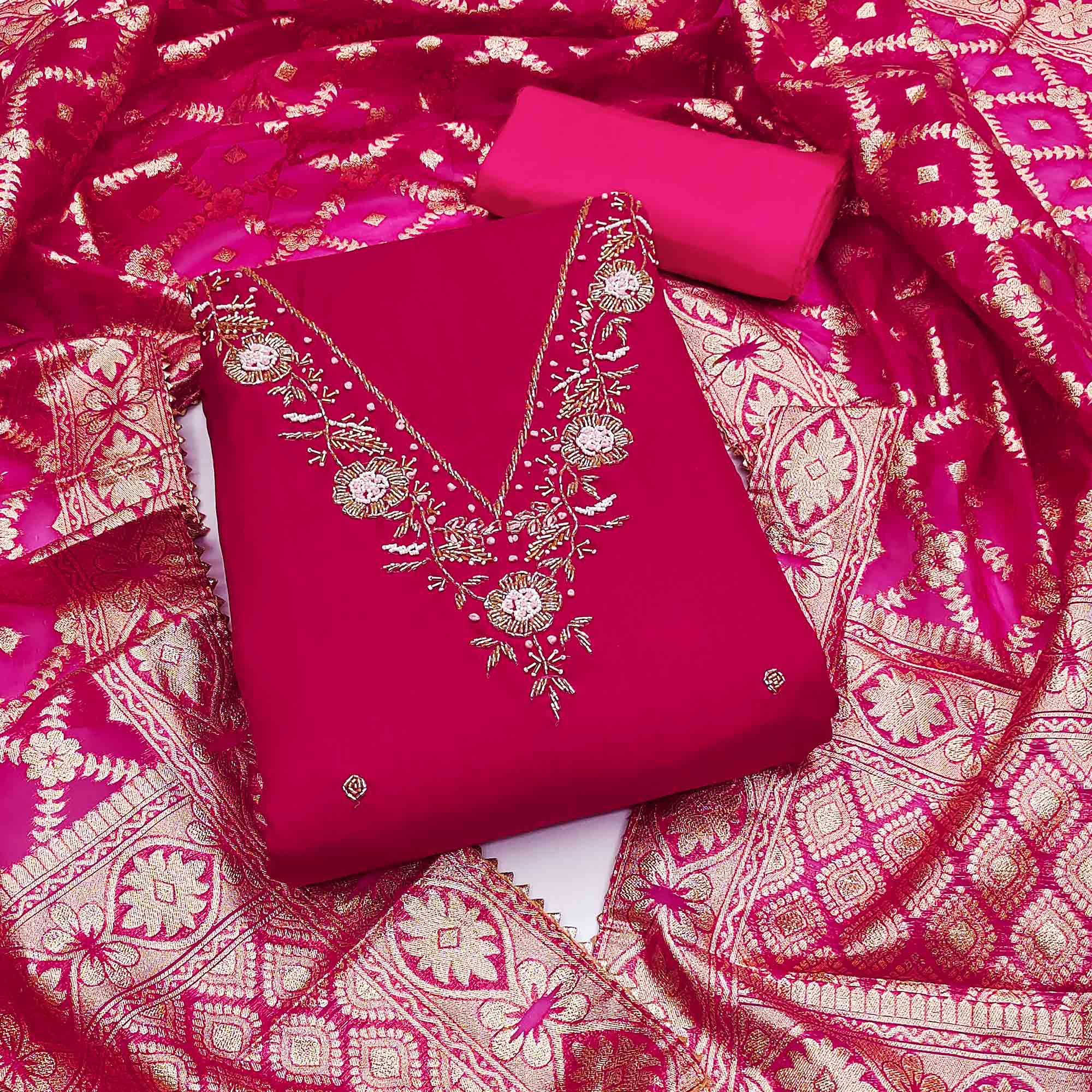 Peachmode Rani Pink Floral Hand Embroidered Cotton Blend Dress Material