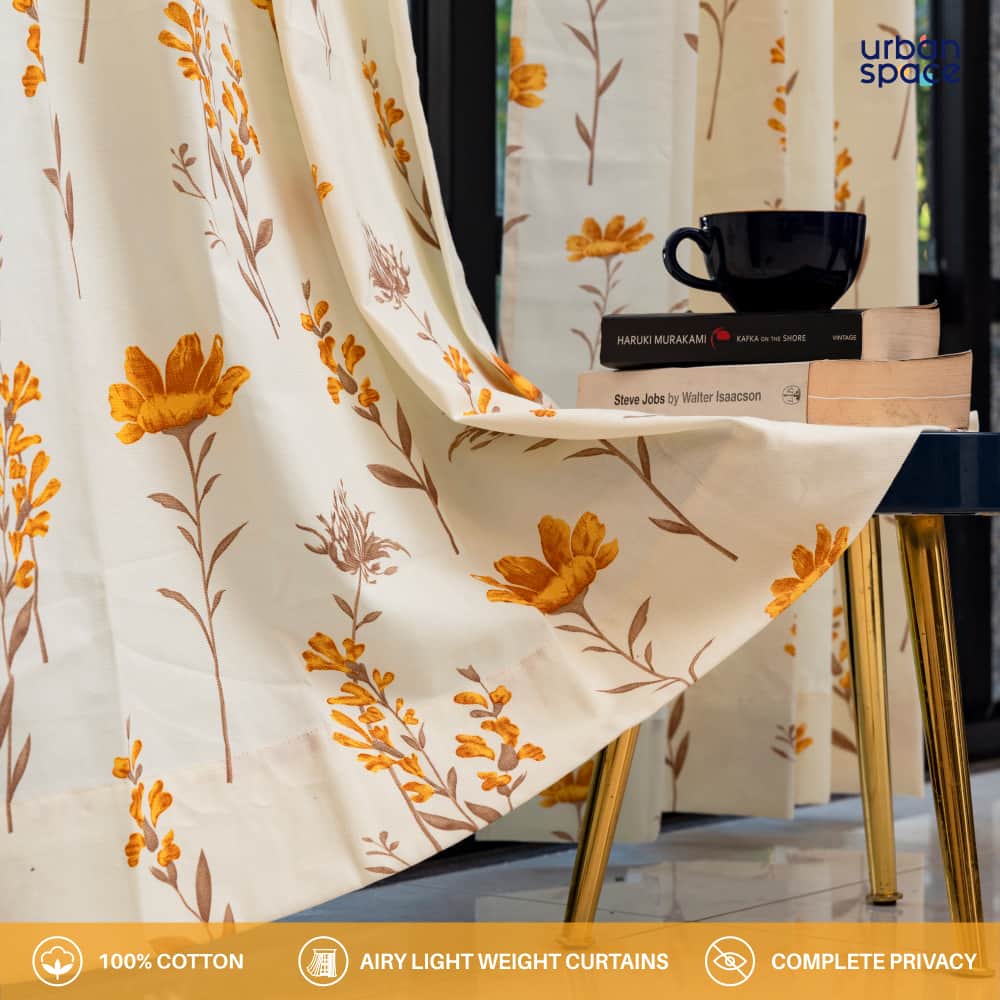 100 cotton curtains – Urban Space -Home Furnishing Store 100% Cotton Curtains for Living Room, Bedroom curtains - Pack of 2 curtains, Orchid Blooms - Yellow
