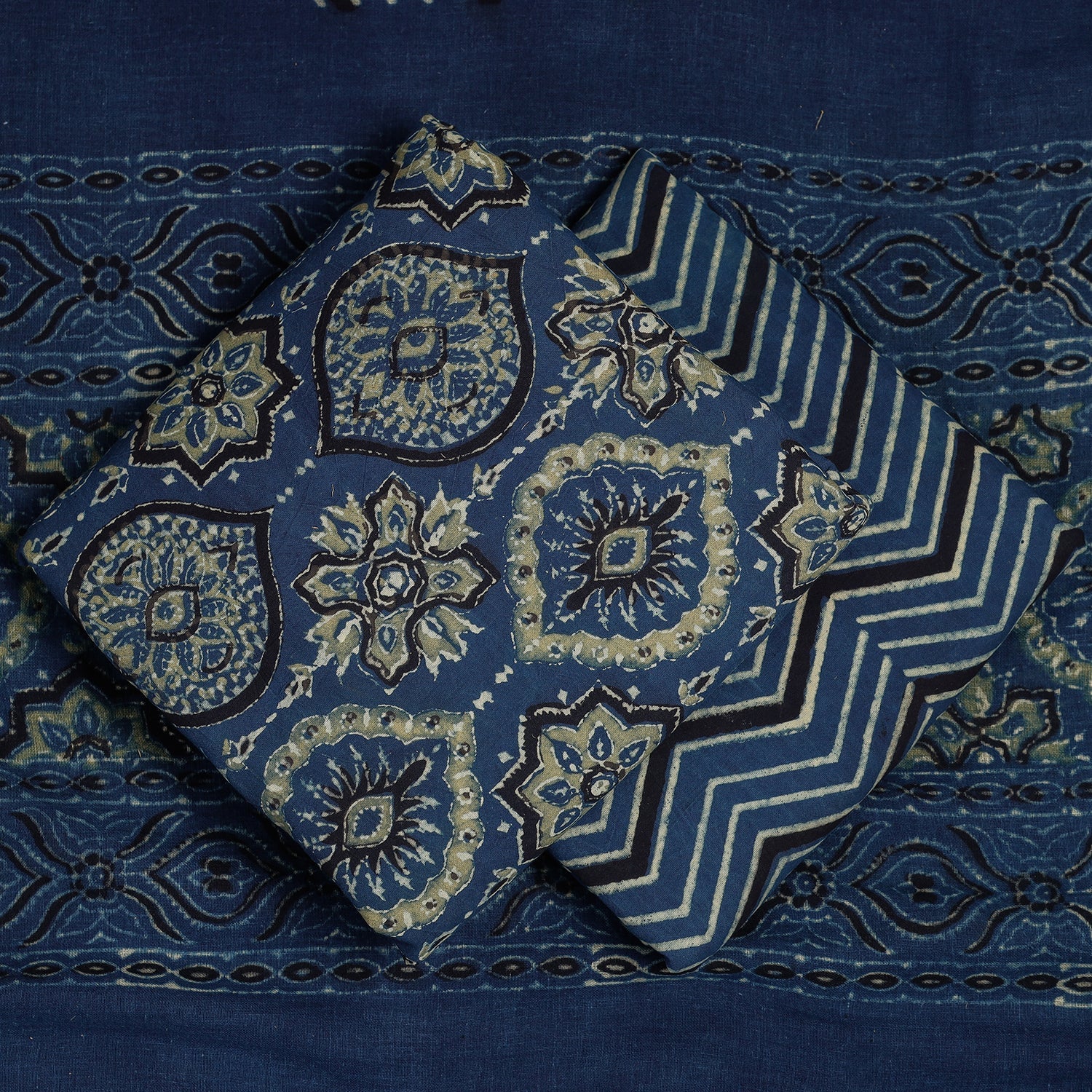 KACHCHH JI CHHAAP Blue - 3pc Ajrakh Block Printed Cotton Suit Material Set - view 2