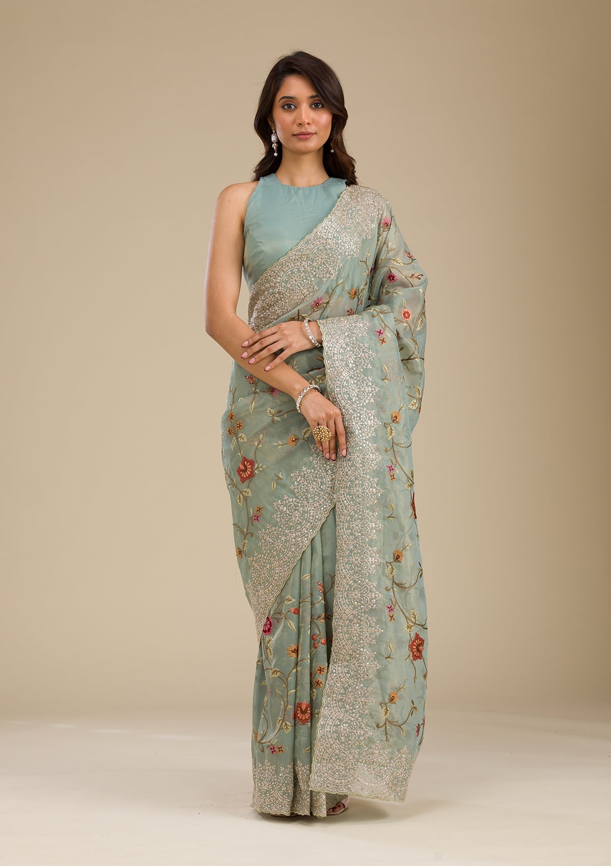 Koskii Sky Blue Zariwork Tissue Saree – Women's