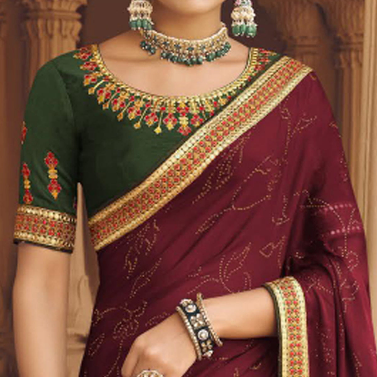 Peachmode Maroon Embellished With Embroidered Border Satin Saree - view 3