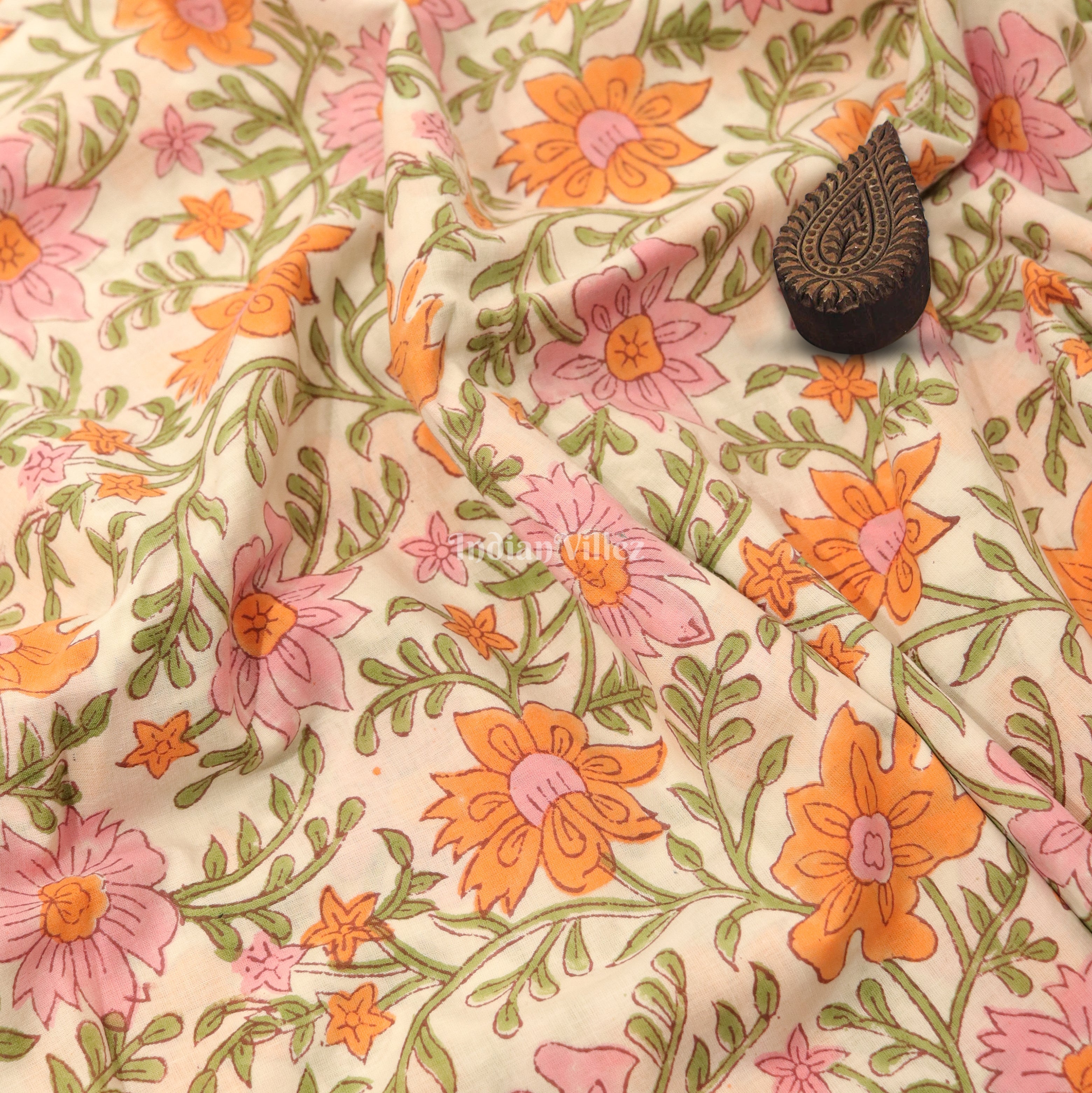 IndianVillèz Pink White Flower Motif Hand Block Printed Cotton Fabric