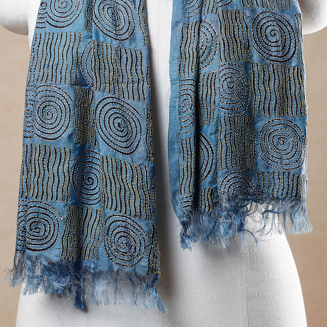 KHUSHBASH - HAPPY LOOM OF EAST Blue - Bengal Kantha Embroidery Block Printed Silk Handloom Stole - view 2