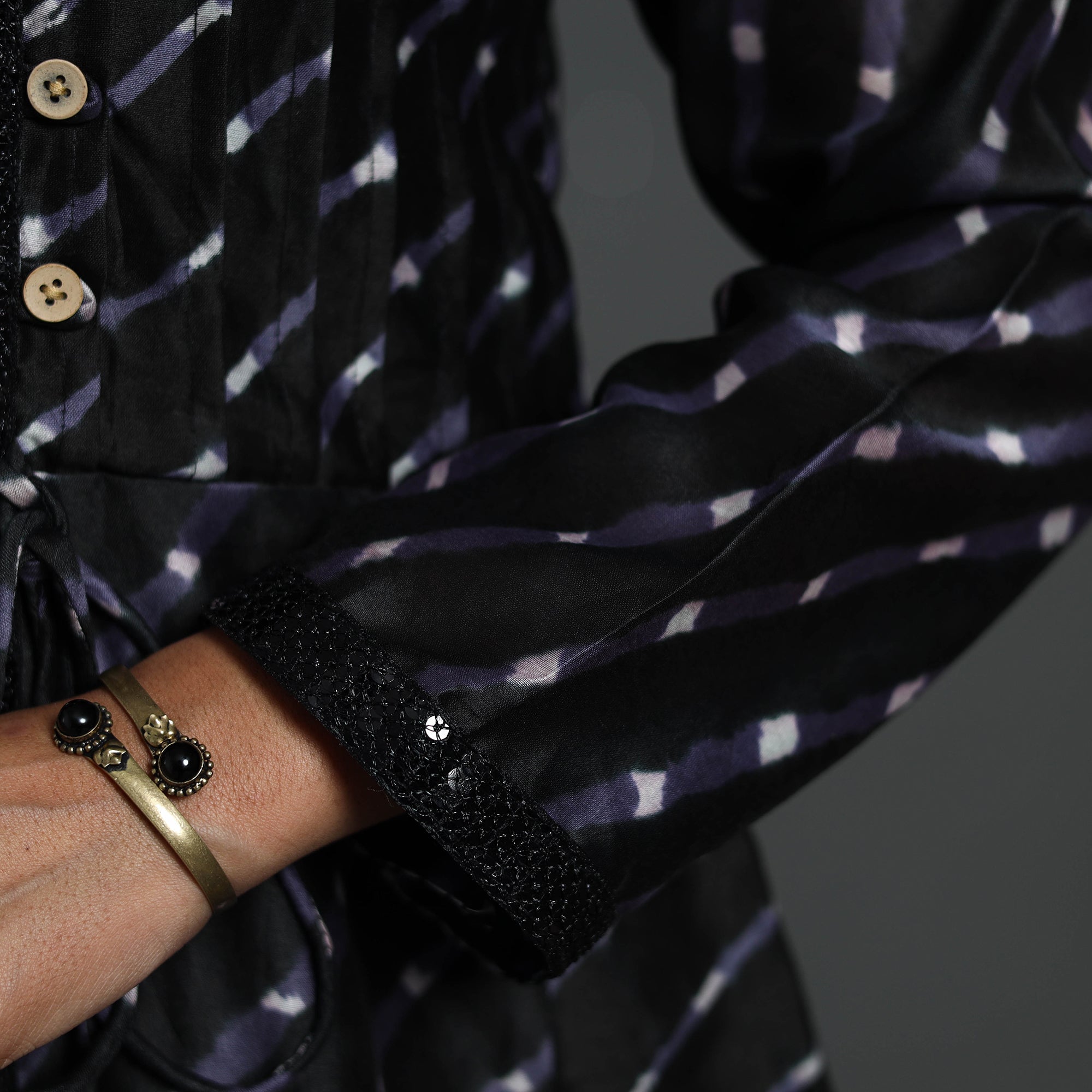 ITOKRI CASUALS Black - Angrakha Handloom Chanderi Silk Tie-Dye Leheriya Kurta 02 - view 6