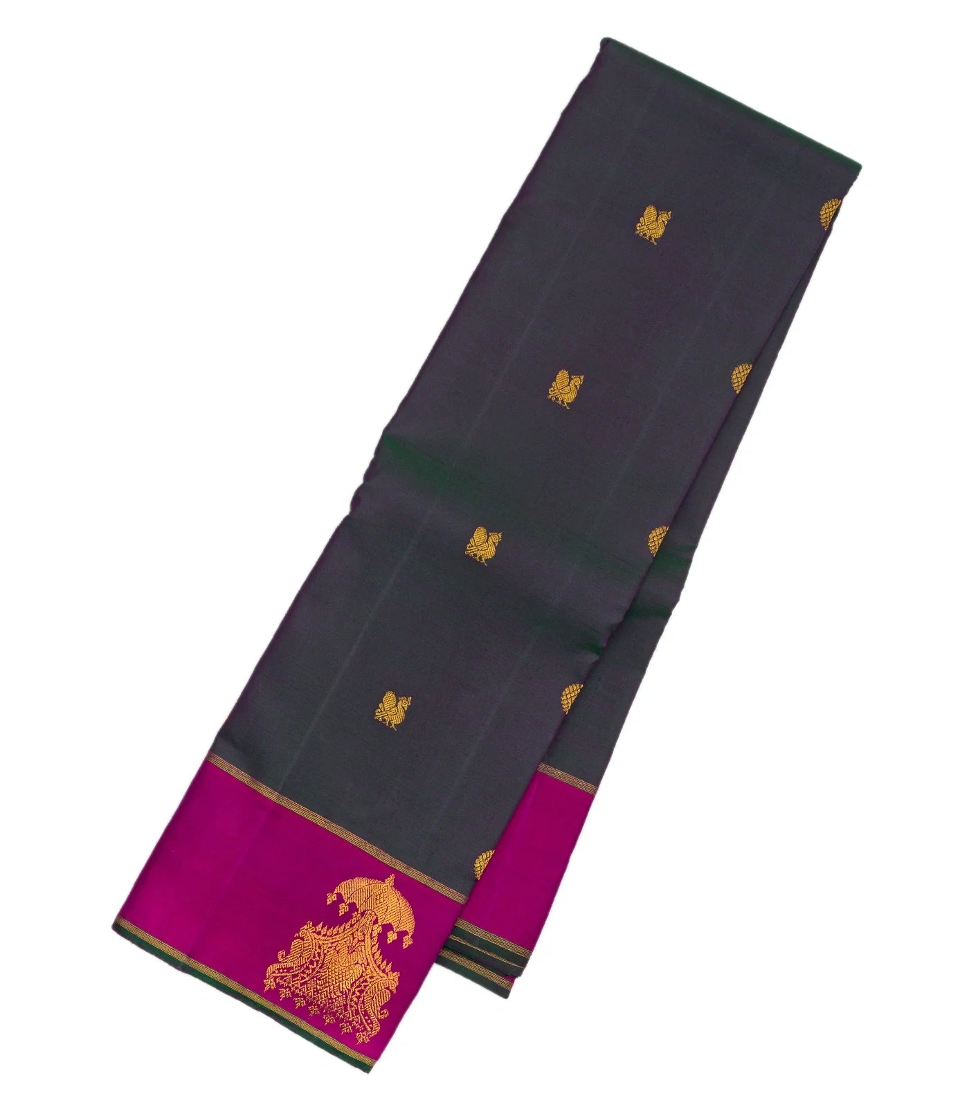 RmKV Dark Grey Handloom Kanchipuram Silk Saree With Annam Buttas
