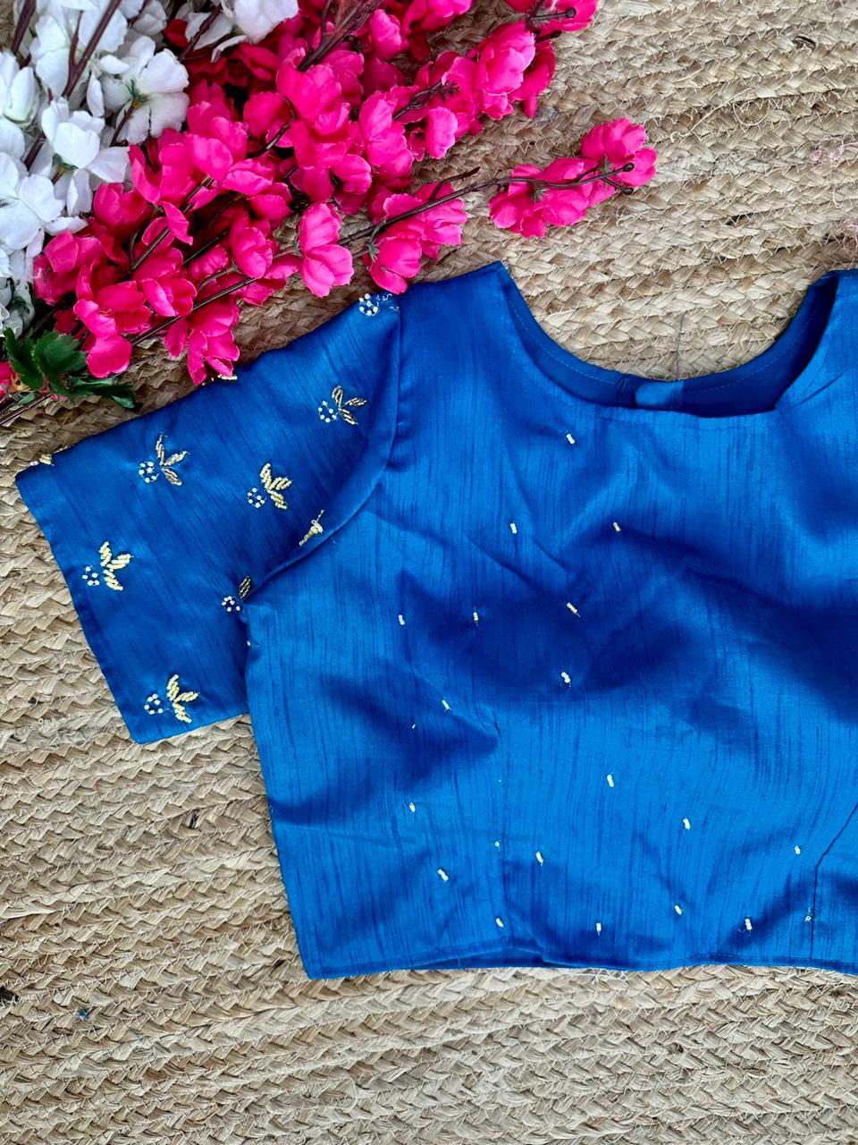ClothsVilla Blue Pearl-Embellished german silk Blouse with Handcrafted Golden Work