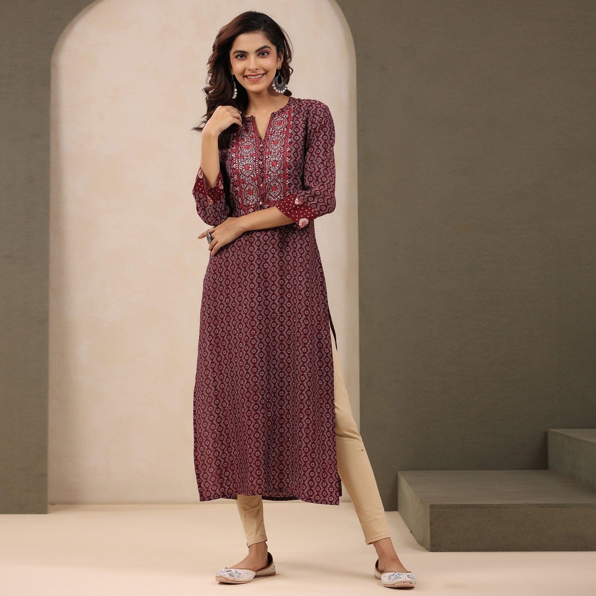 Peachmode Maroon Printed With Embroidered Chanderi Kurti - view 4