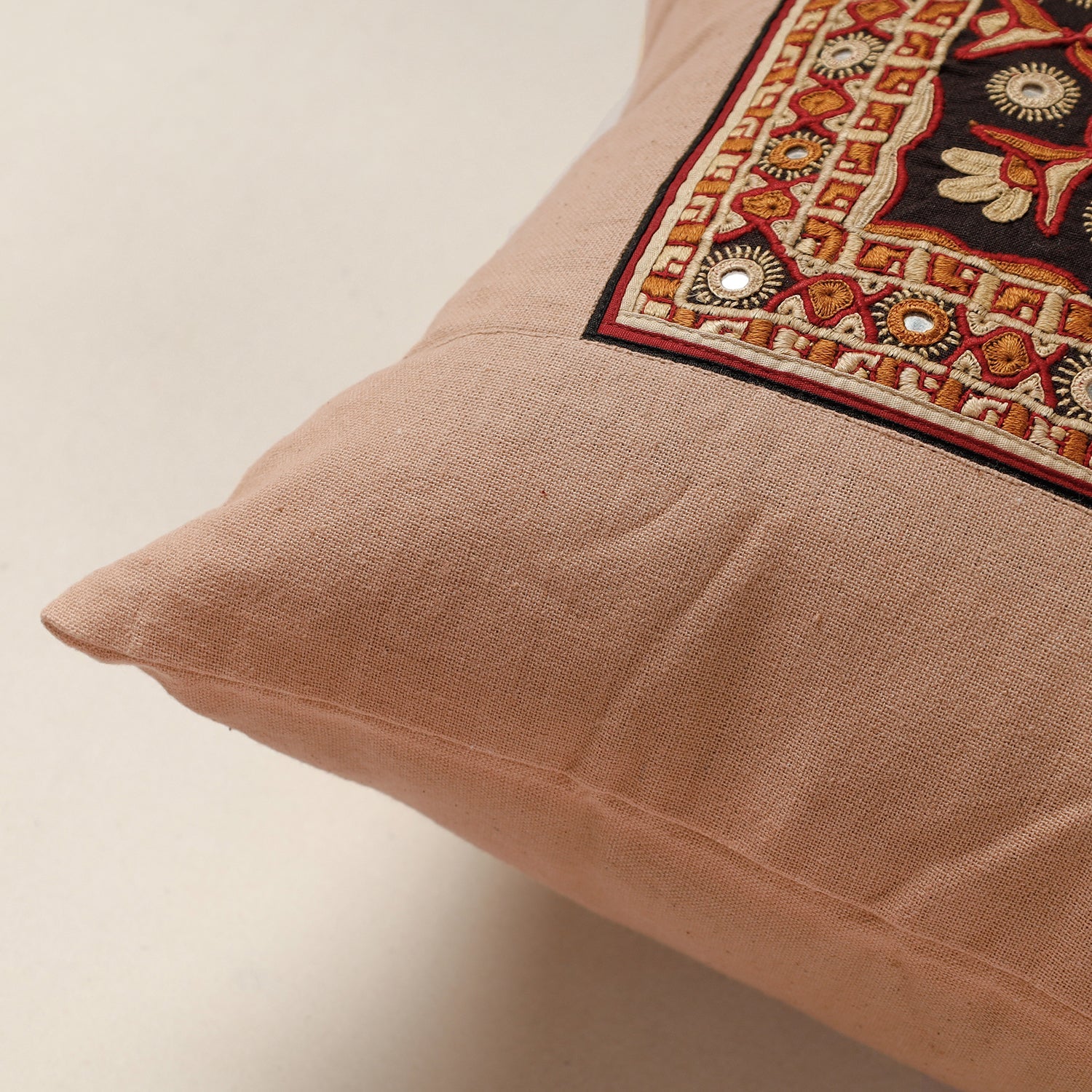 QASAB Beige - Kutch Pakko Hand Embroidery Cotton Cushion Cover (16 x 16 in) - view 2