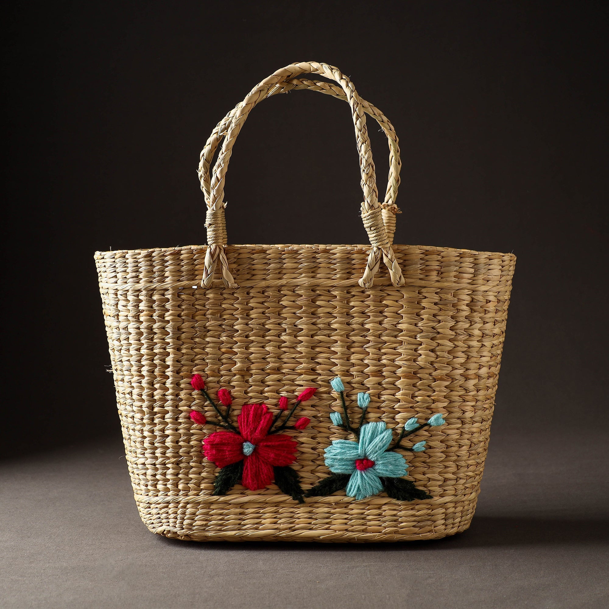 ITOKRI CRAFTS INITIATIVE Beige - Handcrafted Natural Water Reed Embroidered Shopping Bag