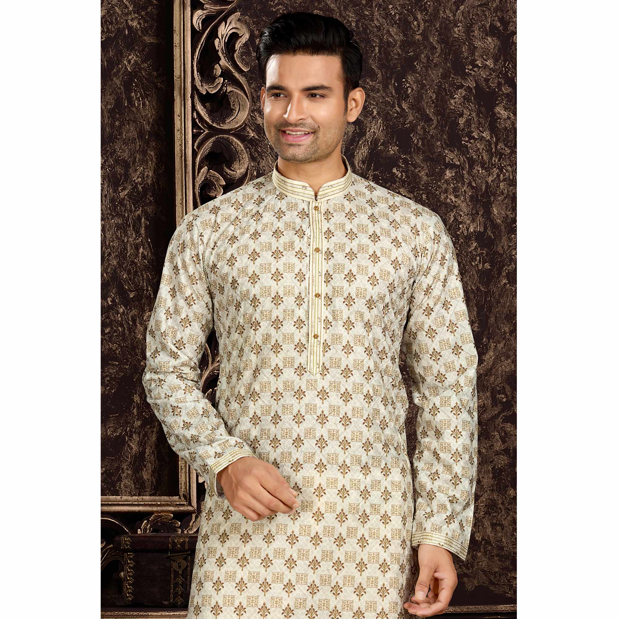 Peachmode Seller Cream Lucknowi And Digital Printed Cotton Kurta Pyjama Set - view 5