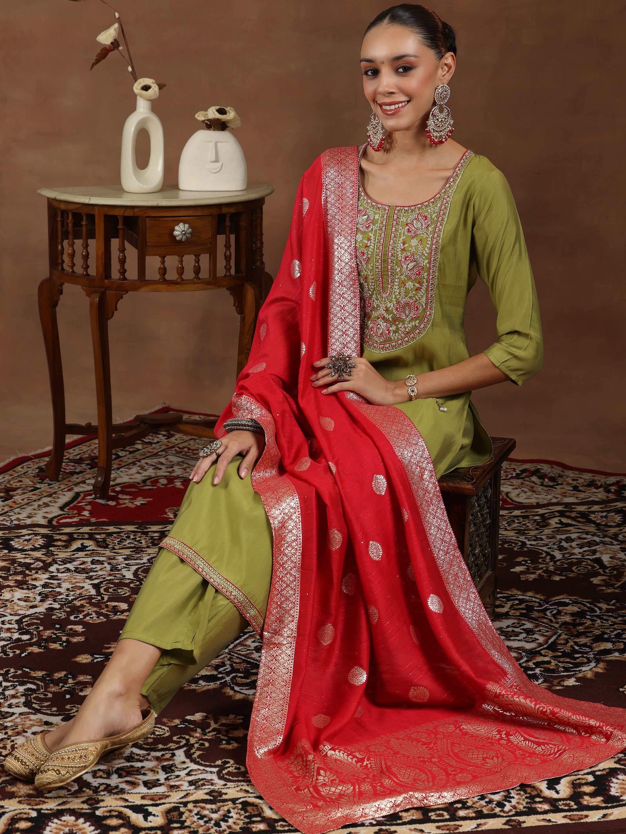 Gerua By Libas Green Yoke Design Silk Blend Straight Suit With Dupatta
