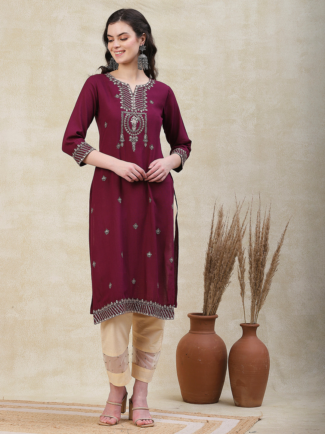 Fashor Solid Zari, Mirror & Sequins Embroidered Kurta - Mauve