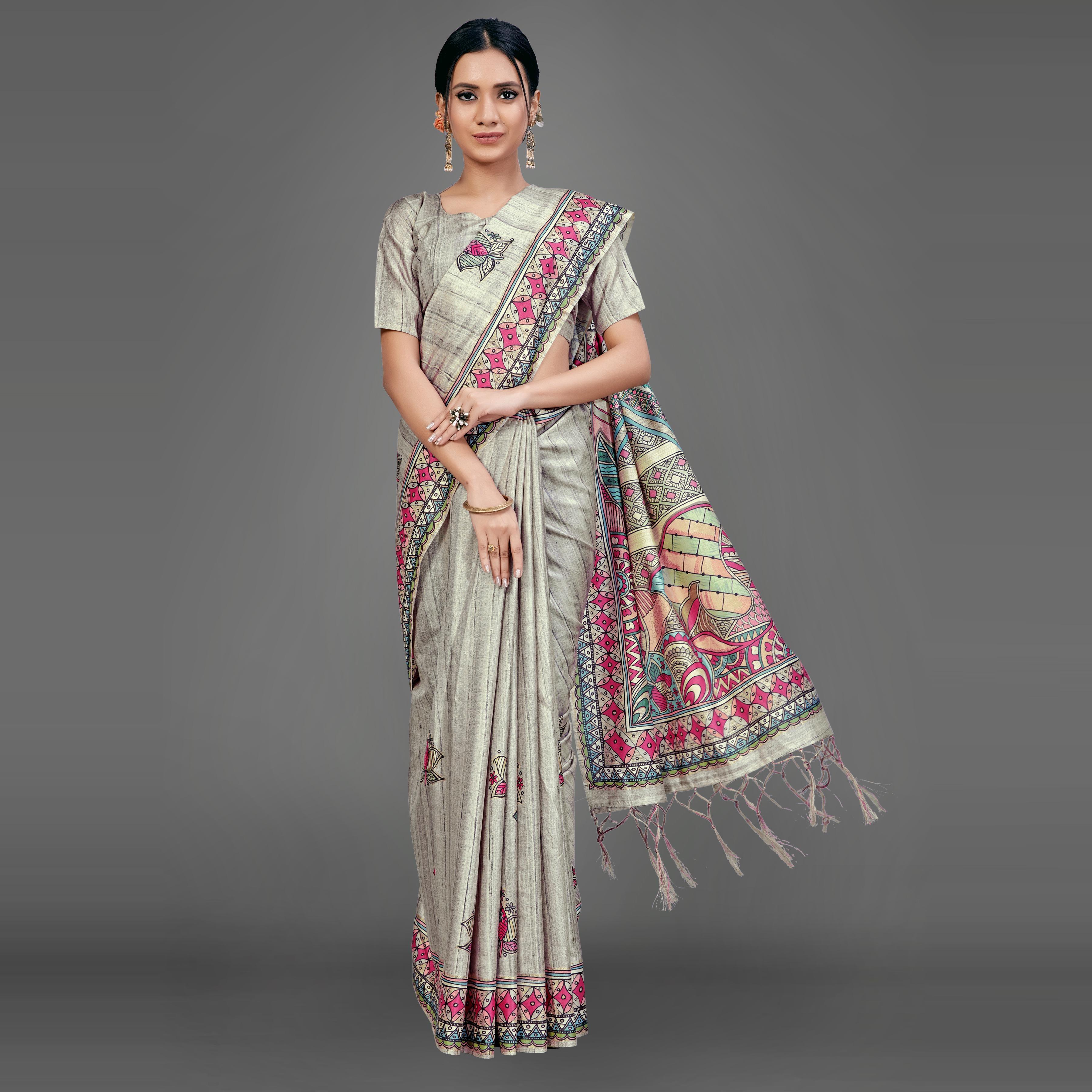 Peachmode Grey Party Wear Silk Blend Floral Print Saree With Unstitched Blouse