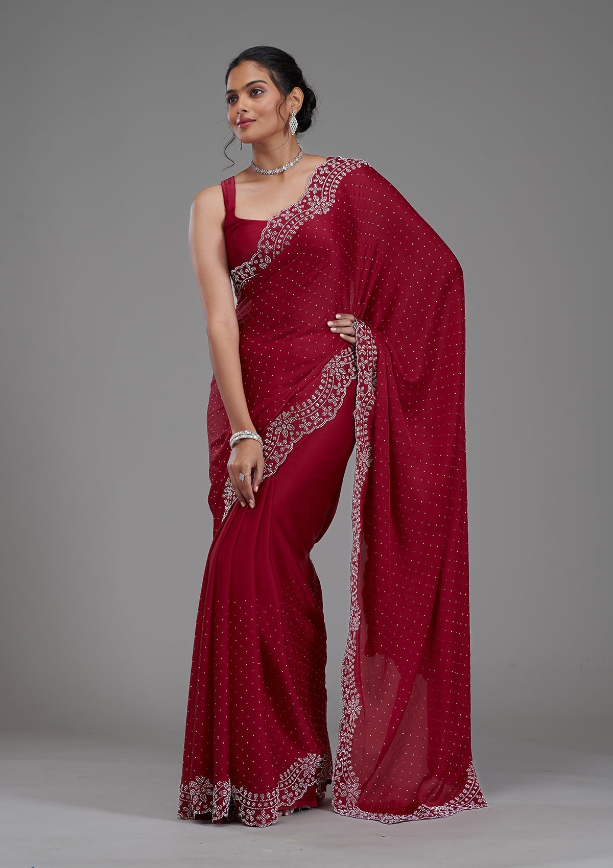 Koskii Maroon Swarovski Satin Saree – Women's