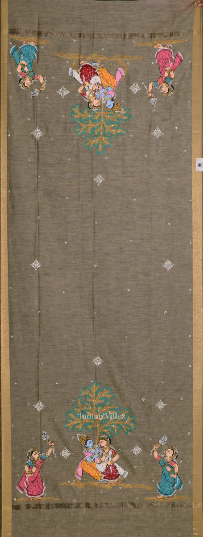 IndianVillèz Gray Radha Krishna Raslila Hand-Painted Patachitra Chanderi Dupatta
