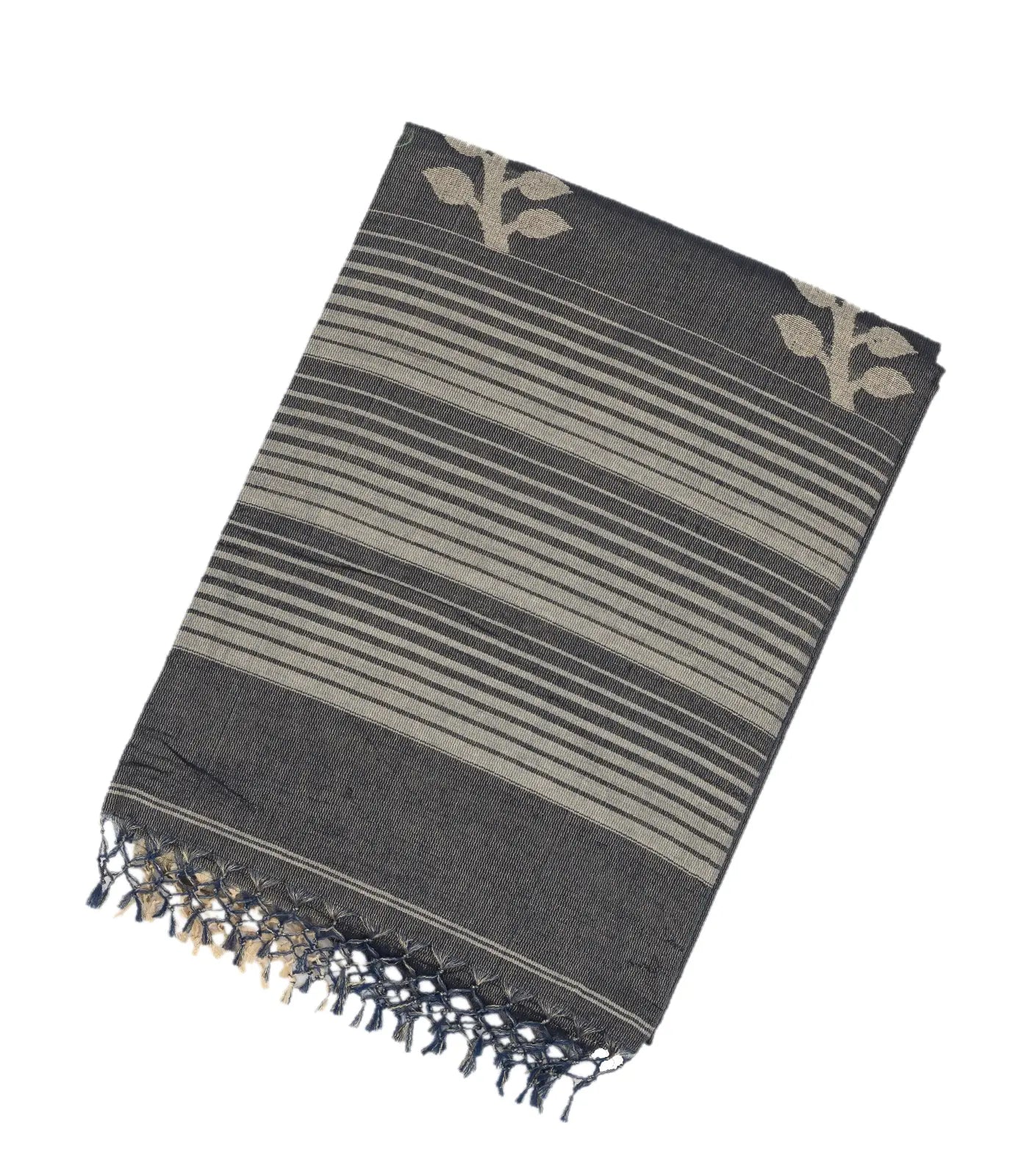RmKV Dark Grey Handloom Bengal Cotton Tissue saree With Zari stripes and Floral (Phool) Buttis - view 7