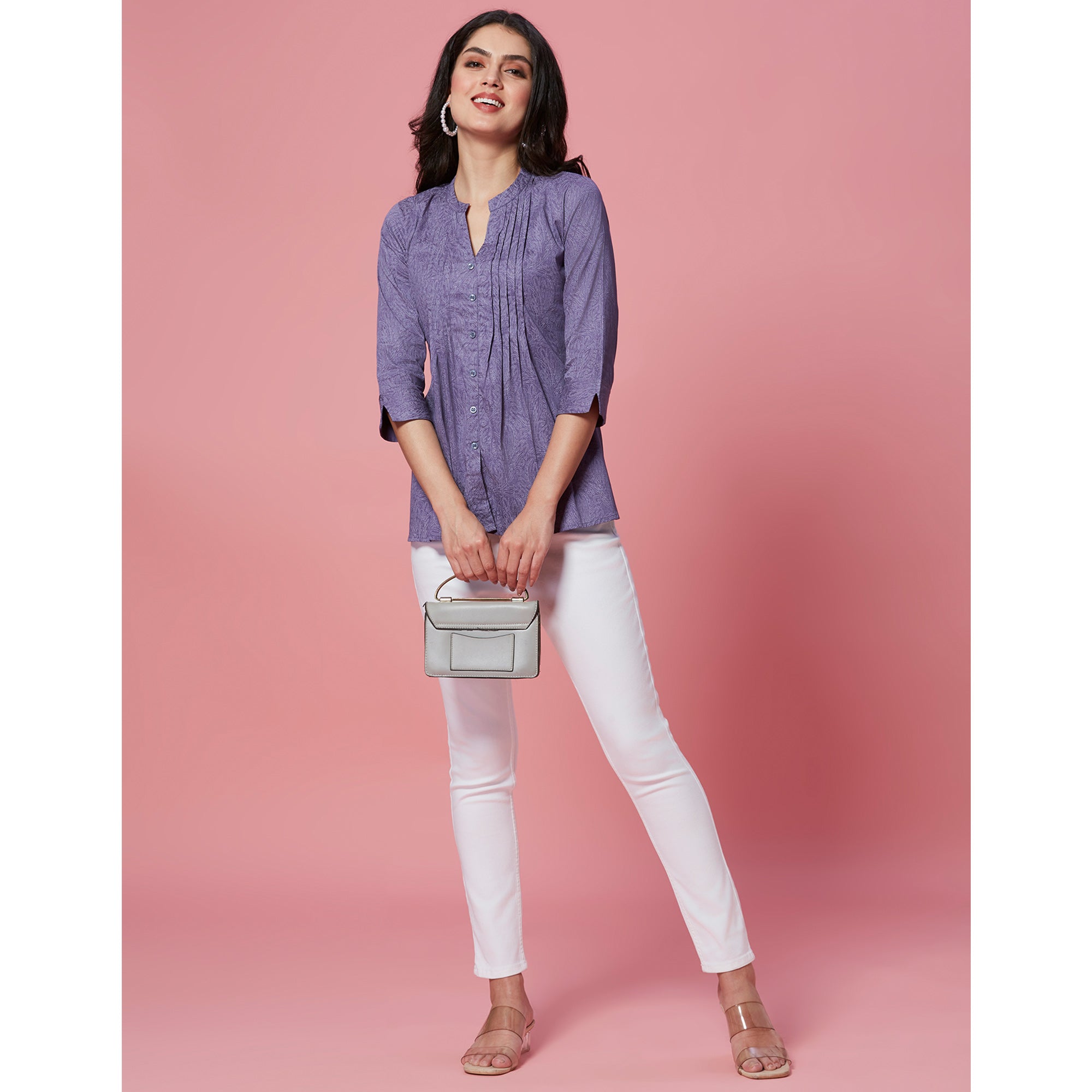 Peachmode Dark Purple Printed Pure Cotton A-Line Top - view 7