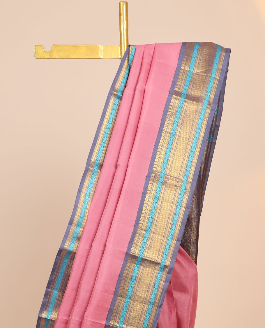 Pothys Pink Kanchipuram silksaree,contrast intricate pallu & korvai border of vanki manga,muthu,kathir,mayil,lavangam,kuyil kan - view 3