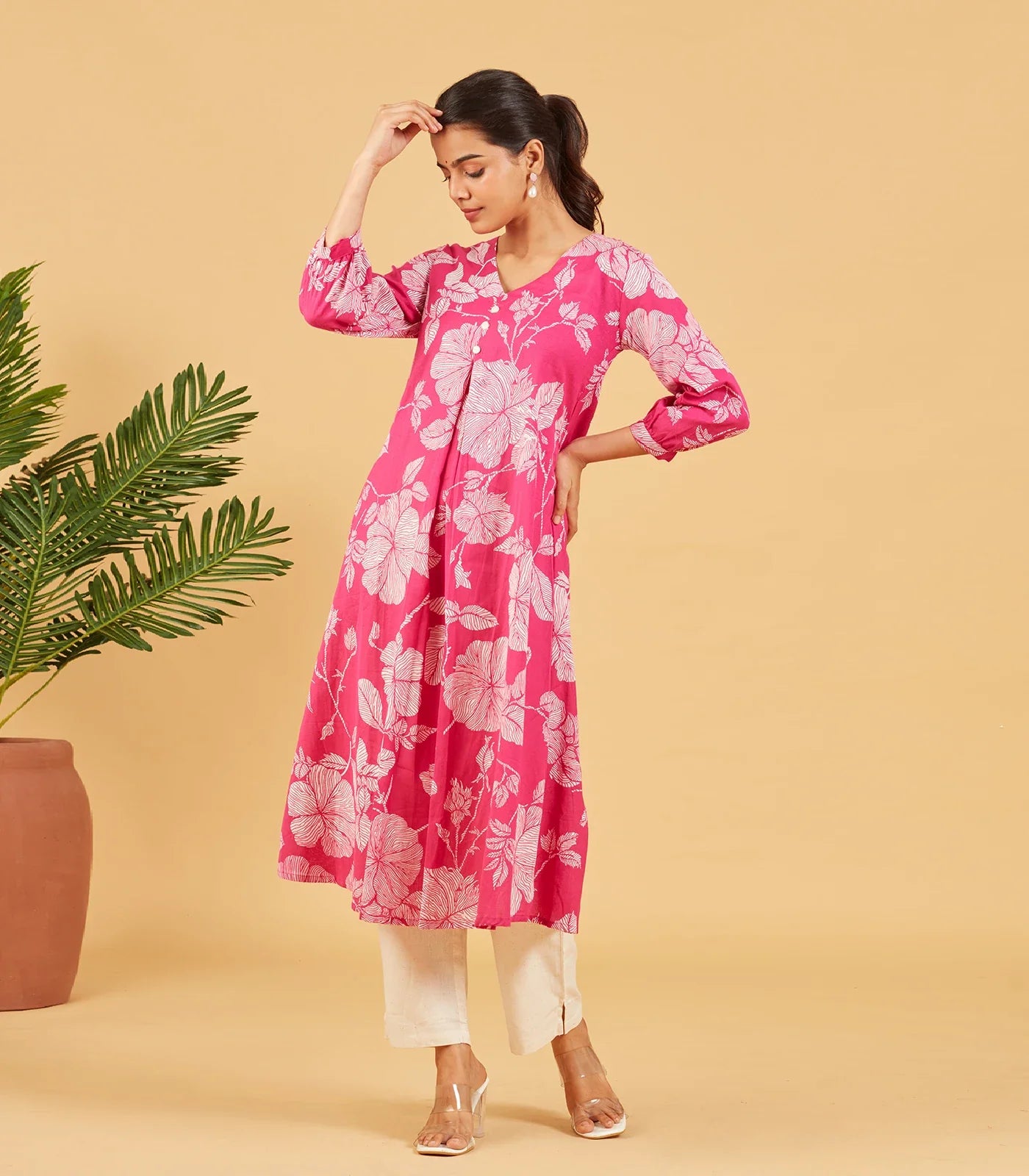 RmKV Bright Pink Floral Printed Cotton Kurta Set - view 3