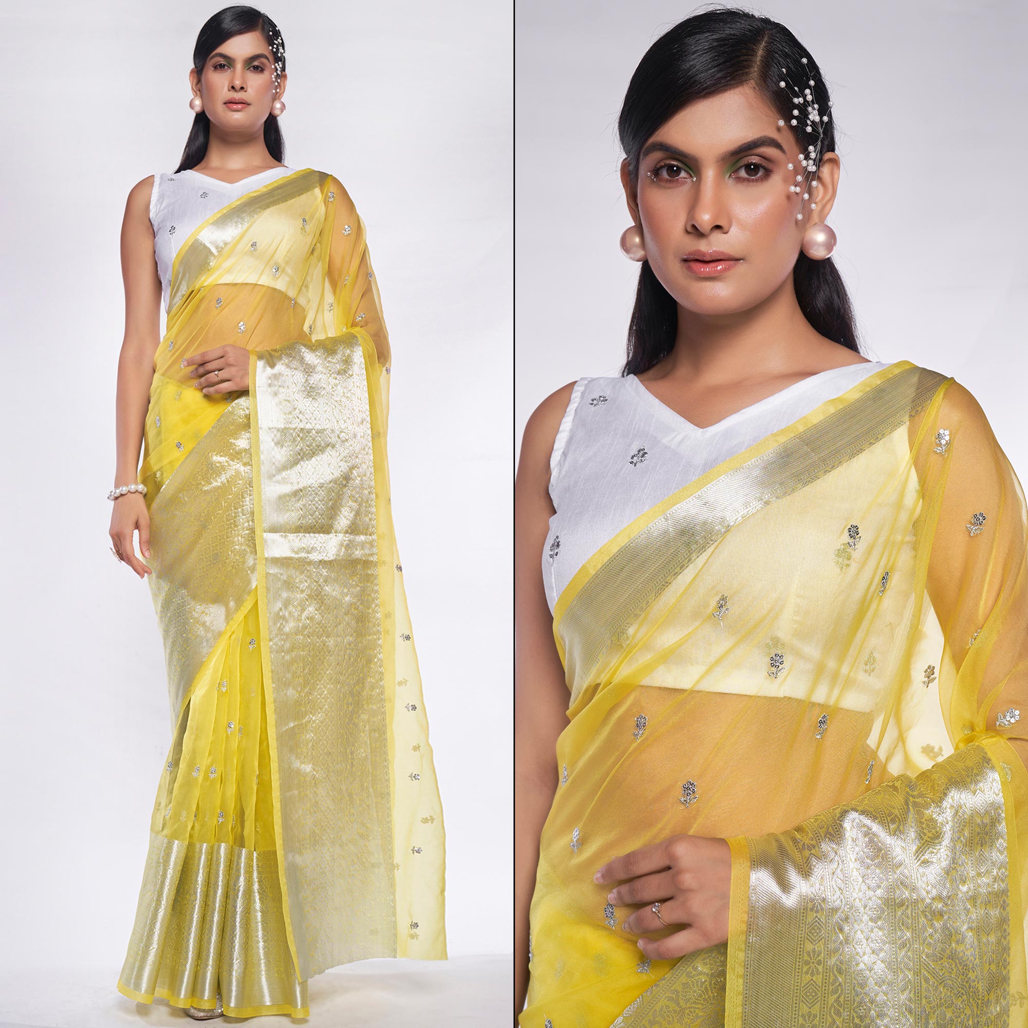 Peachmode Lemon Yellow Sequins Floral Embroidered Organza Saree