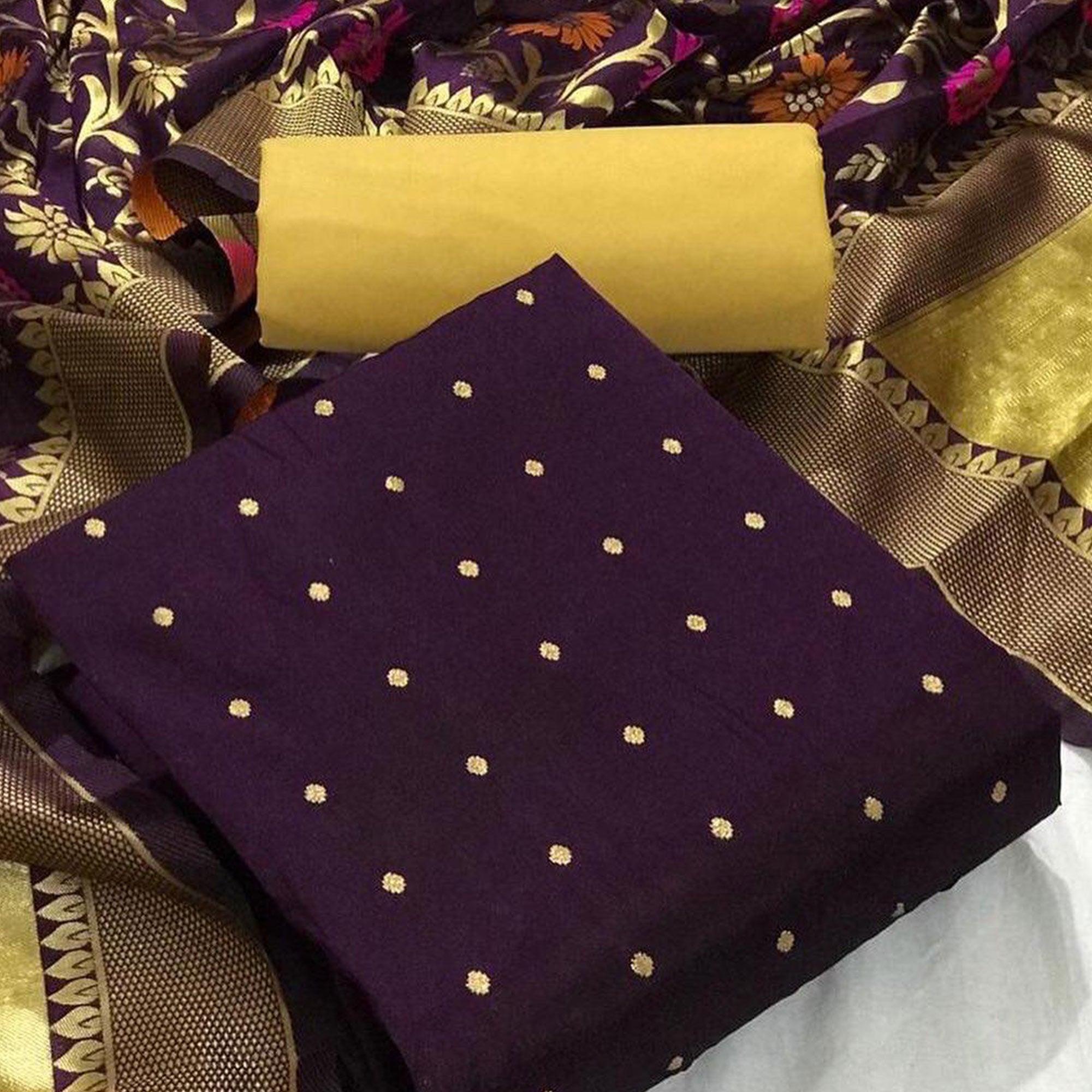 Peachmode Dark Purple Casual Wear Woven Banarasi Silk Dress Material