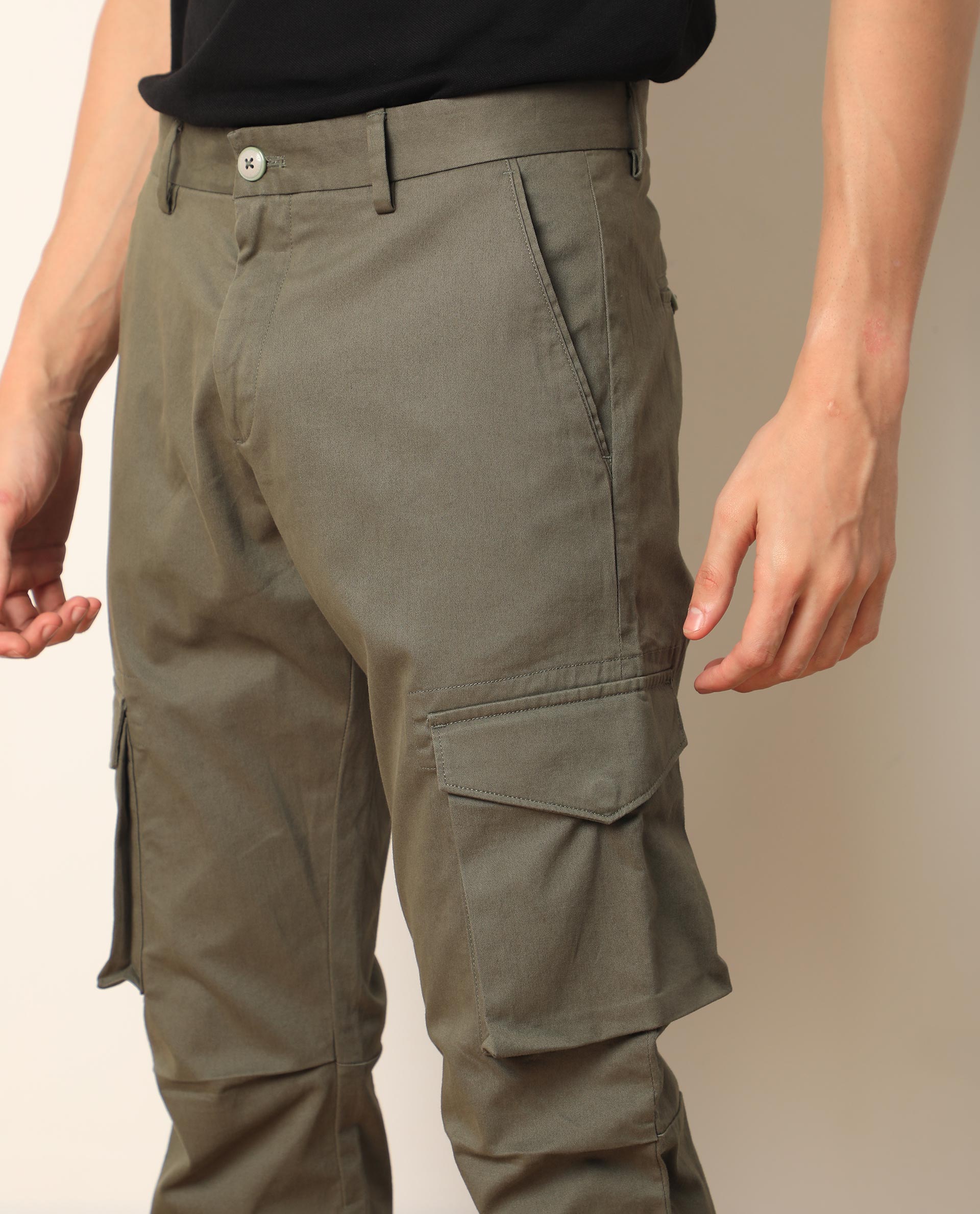 Rare Rabbit Men's Celu Olive Solid Mid-Rise Cargo Style Slim-Fit Trouser - view 4