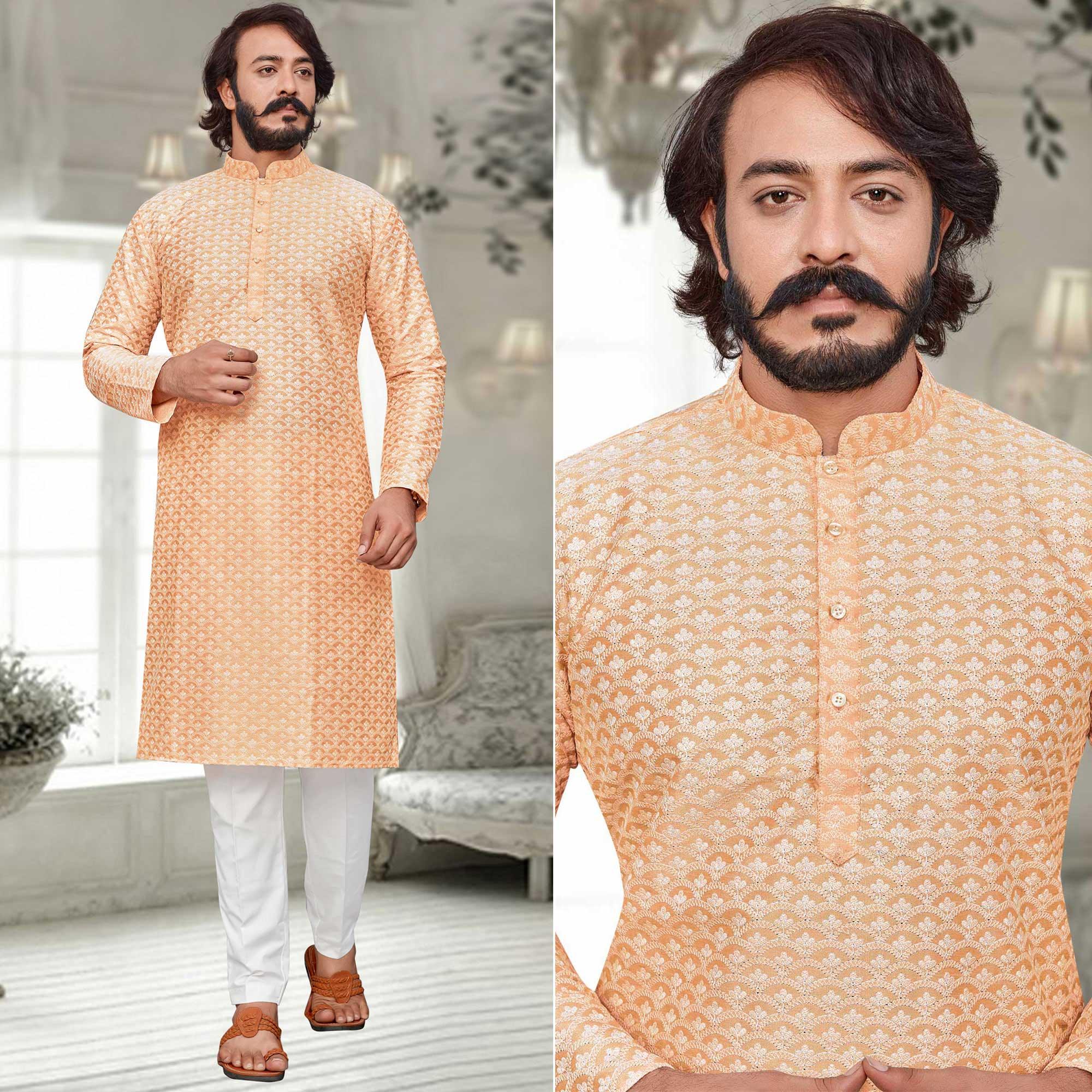 Peachmode Seller Light Orange Lucknowi Work Art Silk Kurta Pyjama Set