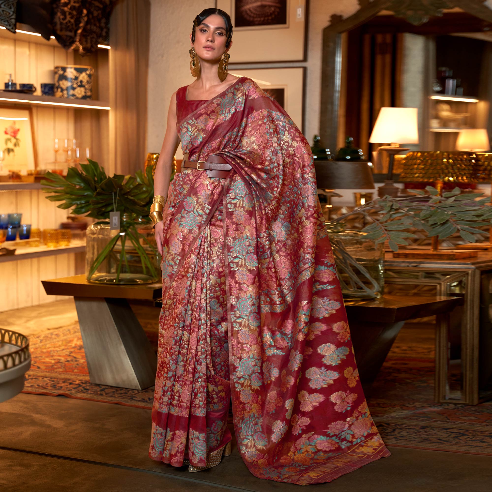 Peachmode Maroon Floral Woven Art Silk Saree – Women's - view 2