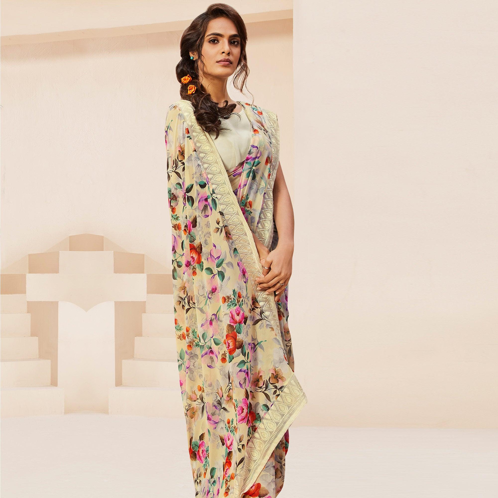 Peachmode Gleaming Cream Colored Casual Wear Floral Printed Georgette Saree