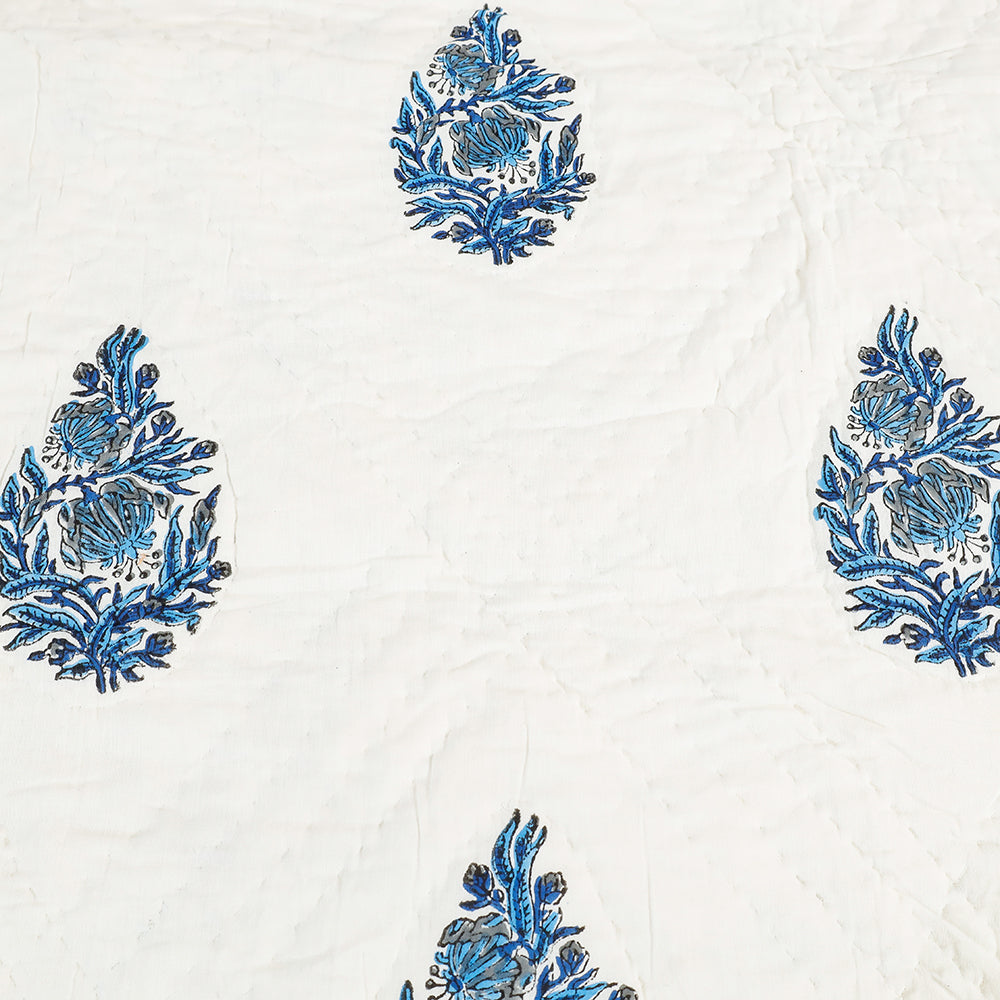 ARTISAN HAND BLOCK PRINTS Blue - Double - Sanganeri Printed Reversible Soft Cotton Quilt / Blanket (104 x 88 in) - view 4