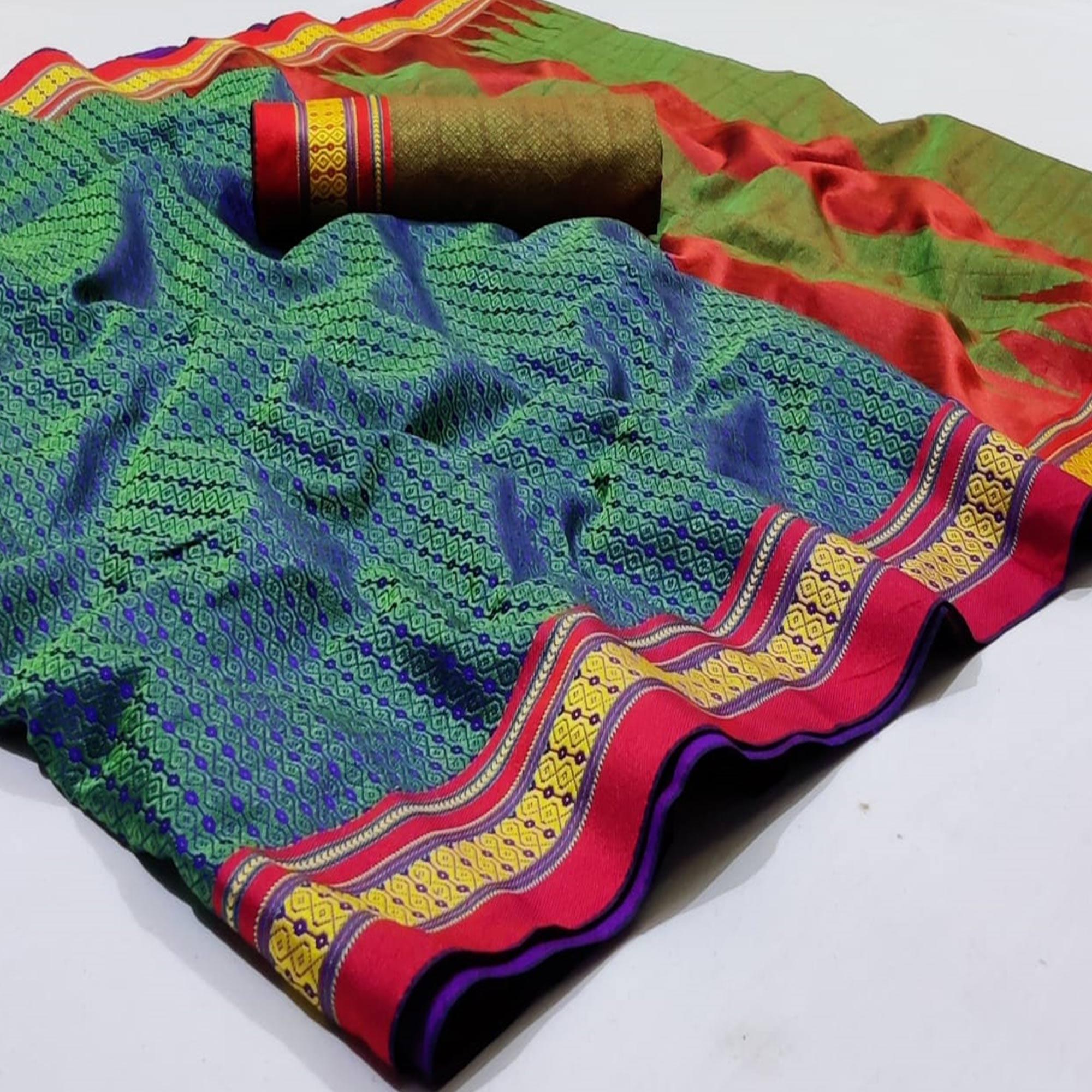Peachmode Intricate Blue Colored Festive Wear Woven Silk Saree