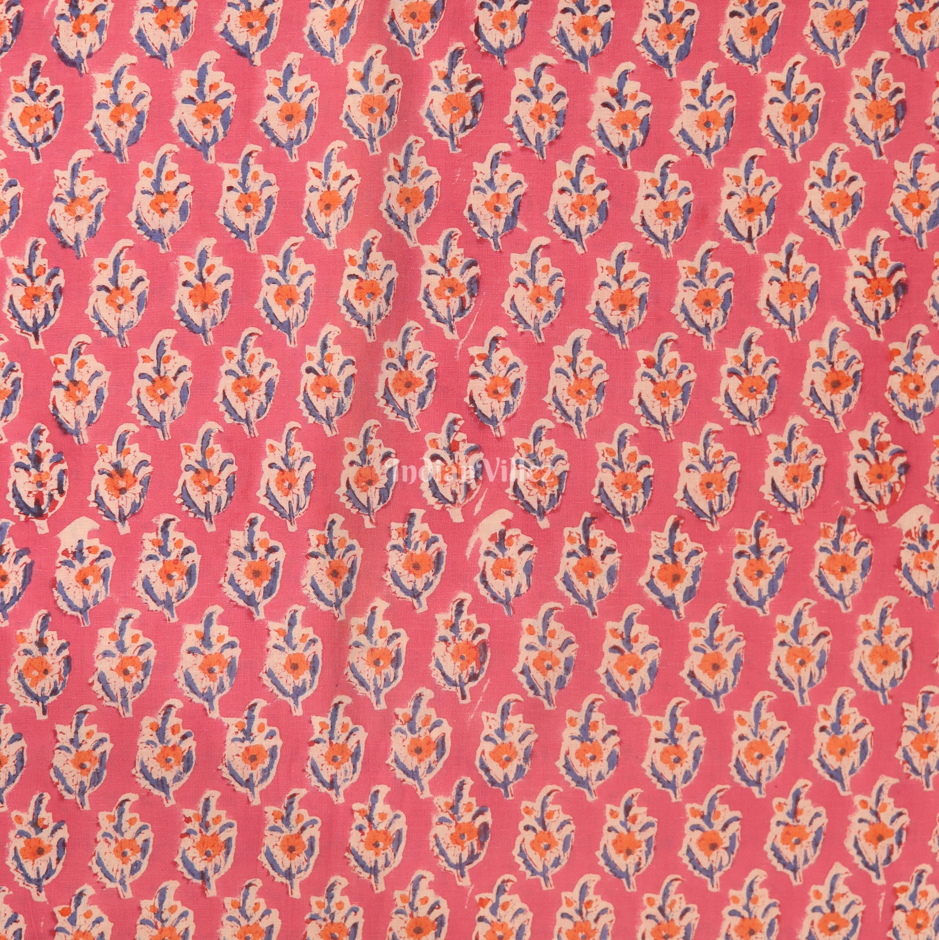 IndianVillèz Pink Flower Motif Hand Block Printed Cotton Fabric - view 2