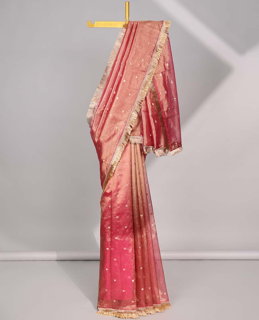 Pothys Brown crushed tissue with all over round motifs & fringe border