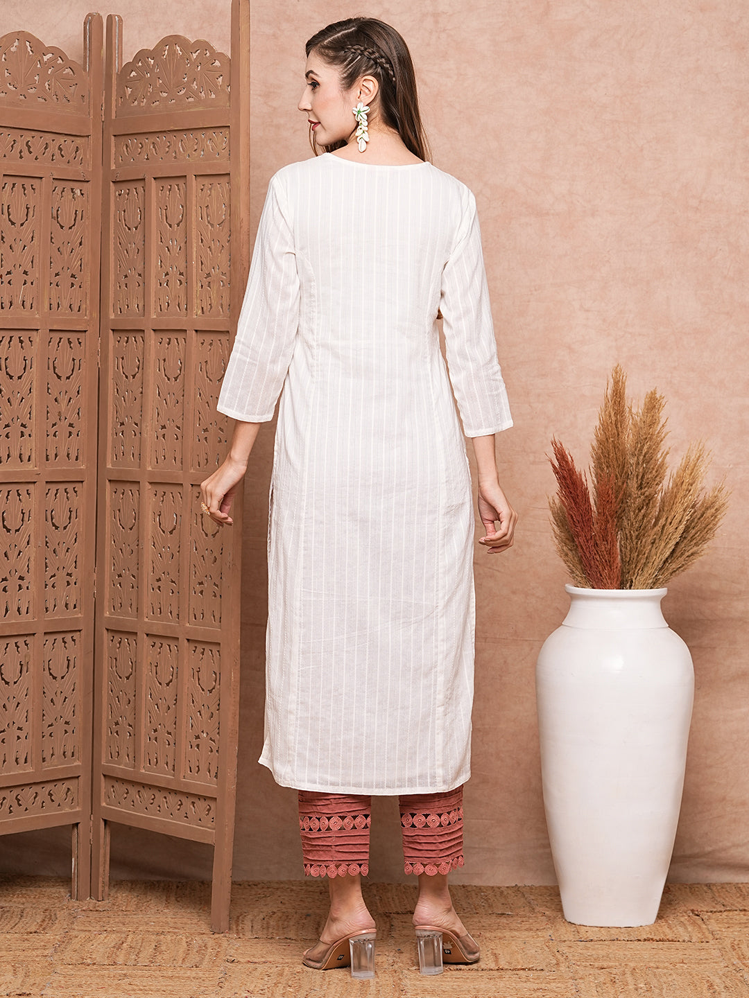 Fashor Floral Applique Embroidered Woven Striped Straight Fit Kurta - White - view 6