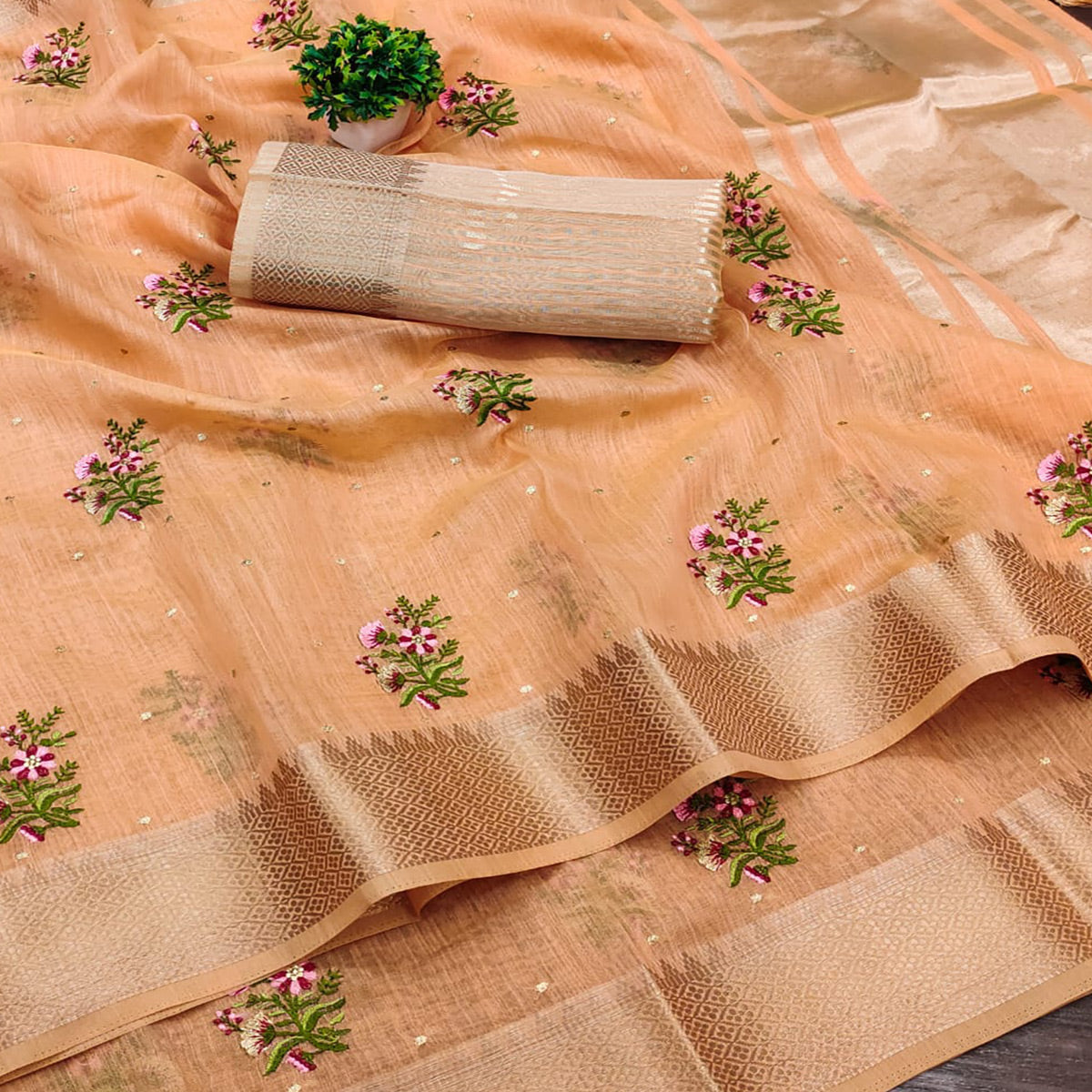 Peachmode Light Orange Floral Embroidered Cotton Silk Saree With Zari Border - view 2